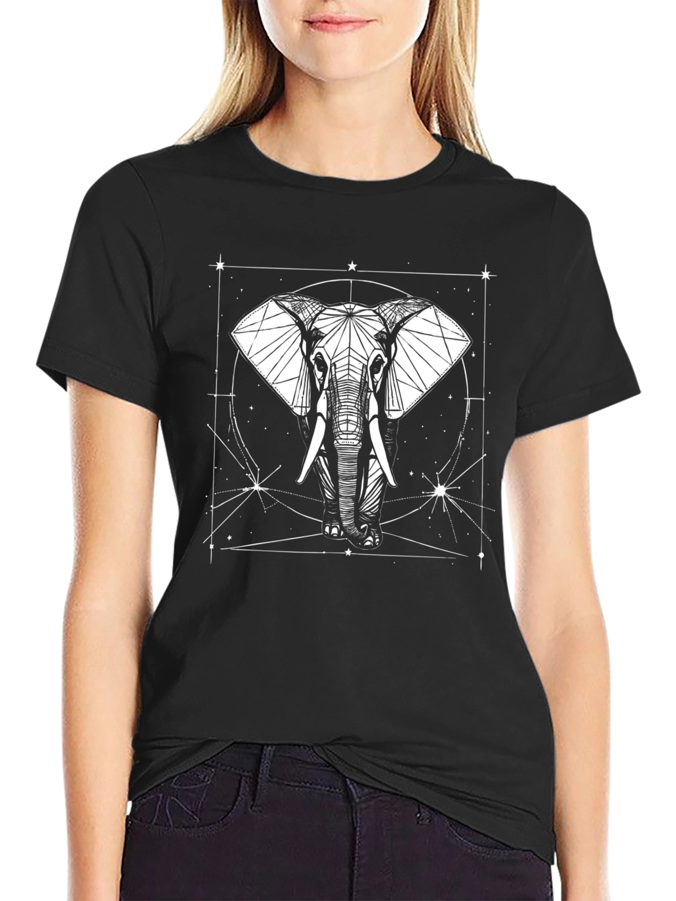 Geometric Elephant Graphic T-Shirt - Black