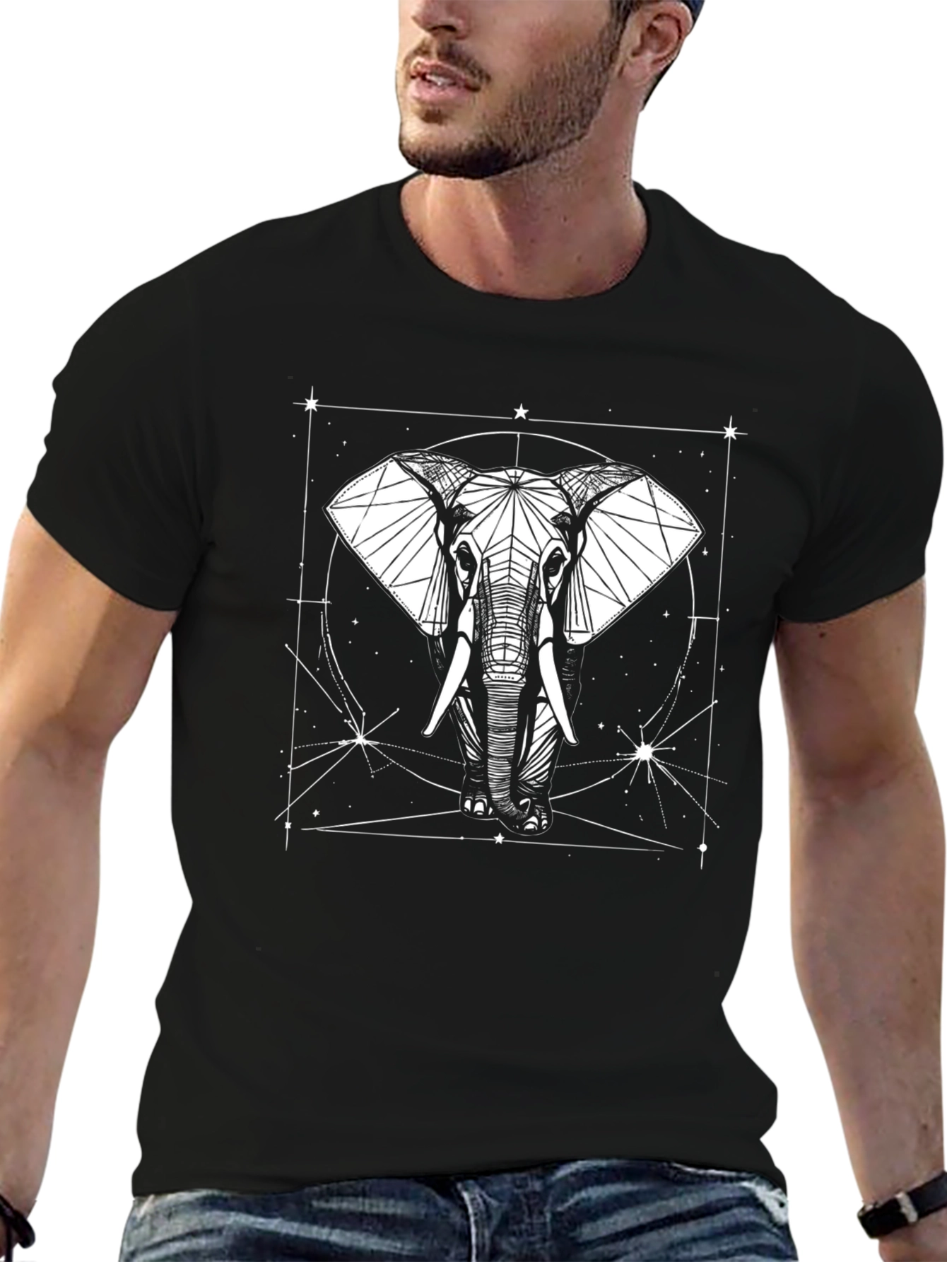 Geometric Elephant Graphic T-Shirt - Black
