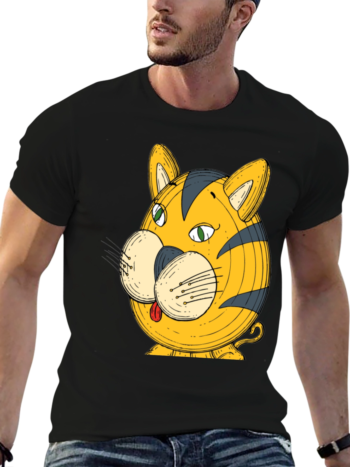 Funny Cartoon Tiger Graphic Black T-Shirt