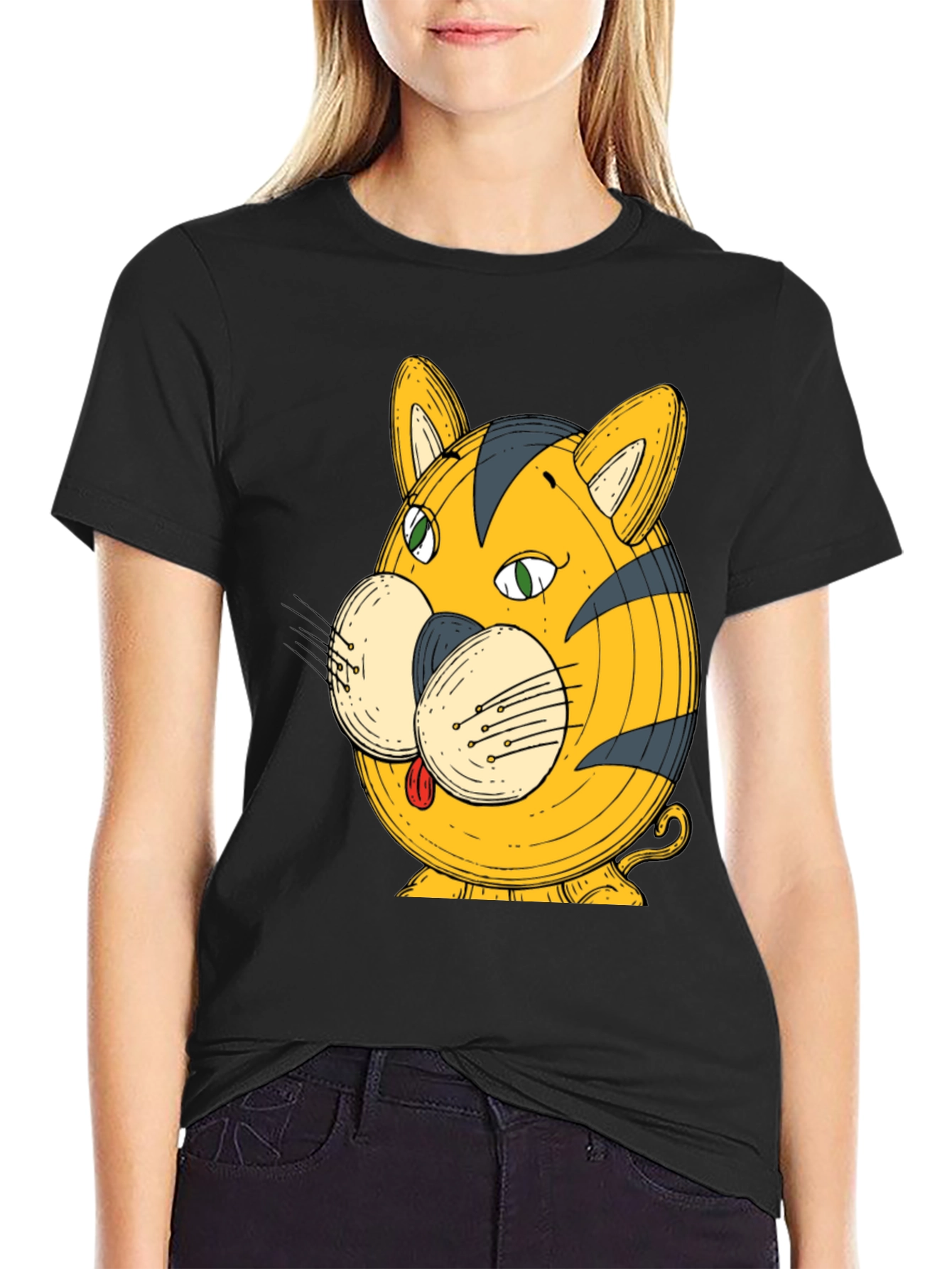 Funny Cartoon Tiger Graphic Black T-Shirt