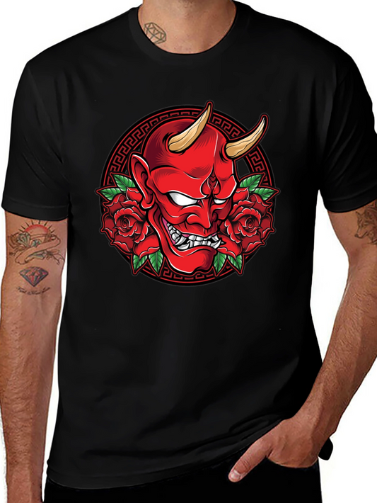 Japanese Oni Mask T-Shirt - Demon & Roses Graphic Tee