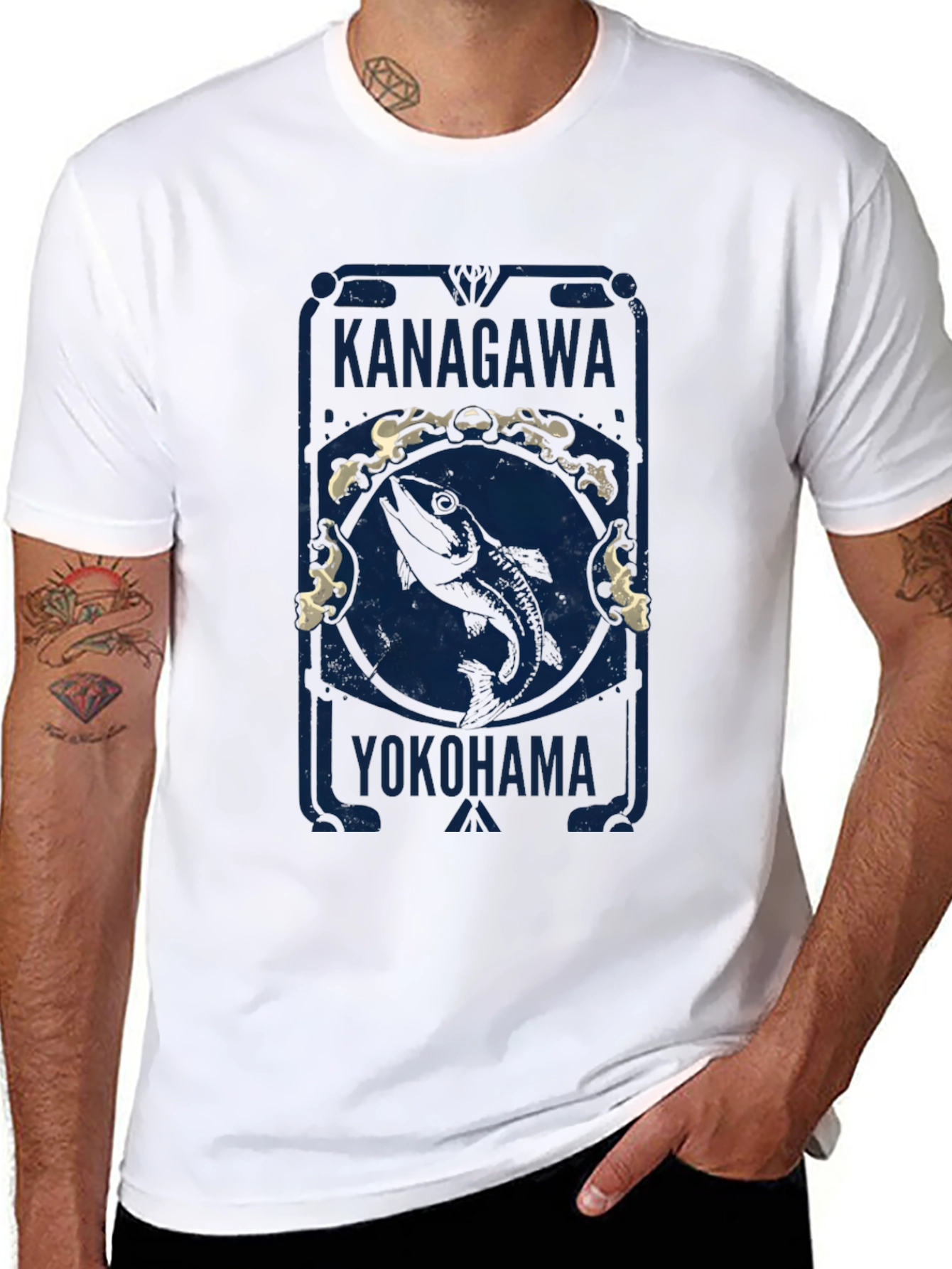 Kanagawa Yokohama Fish Graphic Tee - Black Cotton T-Shirt