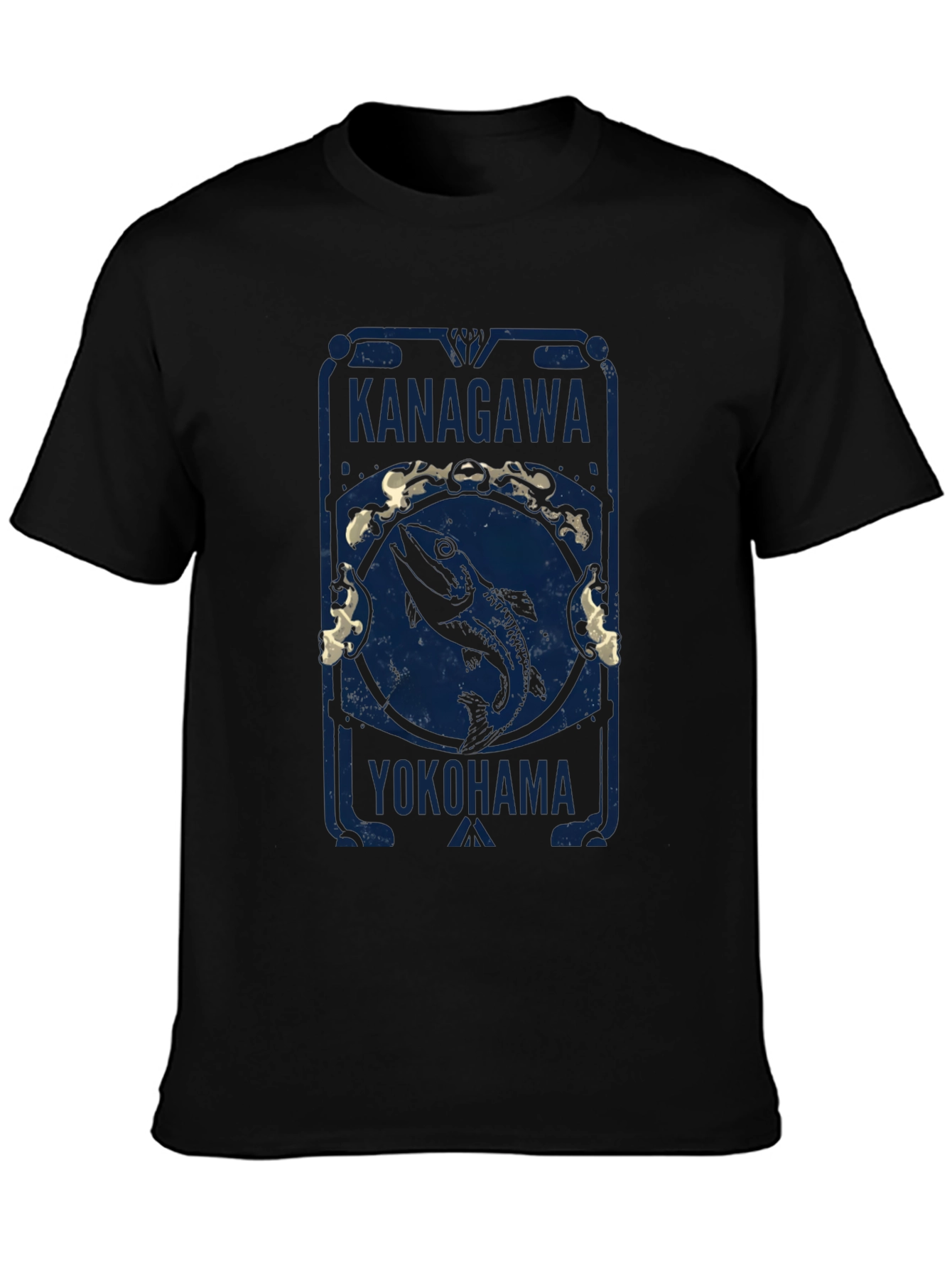Kanagawa Yokohama Fish Graphic Tee - Black Cotton T-Shirt