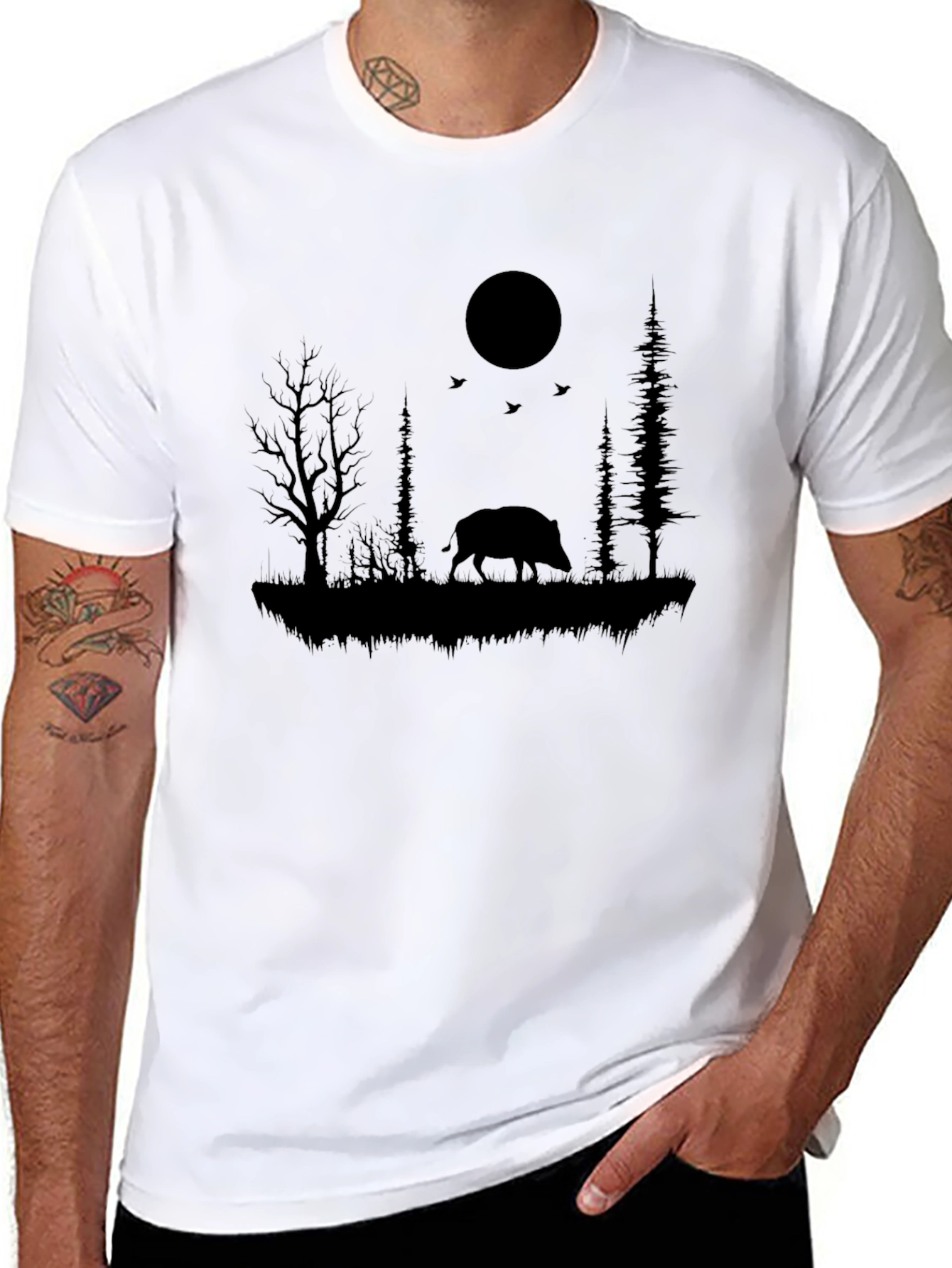 Wild Boar Silhouette Black T-Shirt - Nature Inspired Design