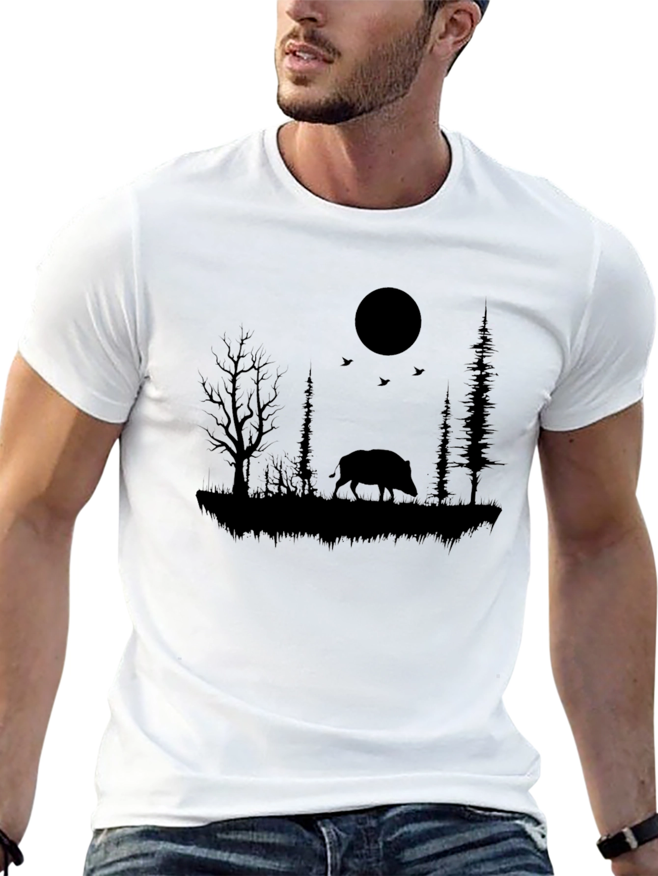 Wild Boar Silhouette Black T-Shirt - Nature Inspired Design