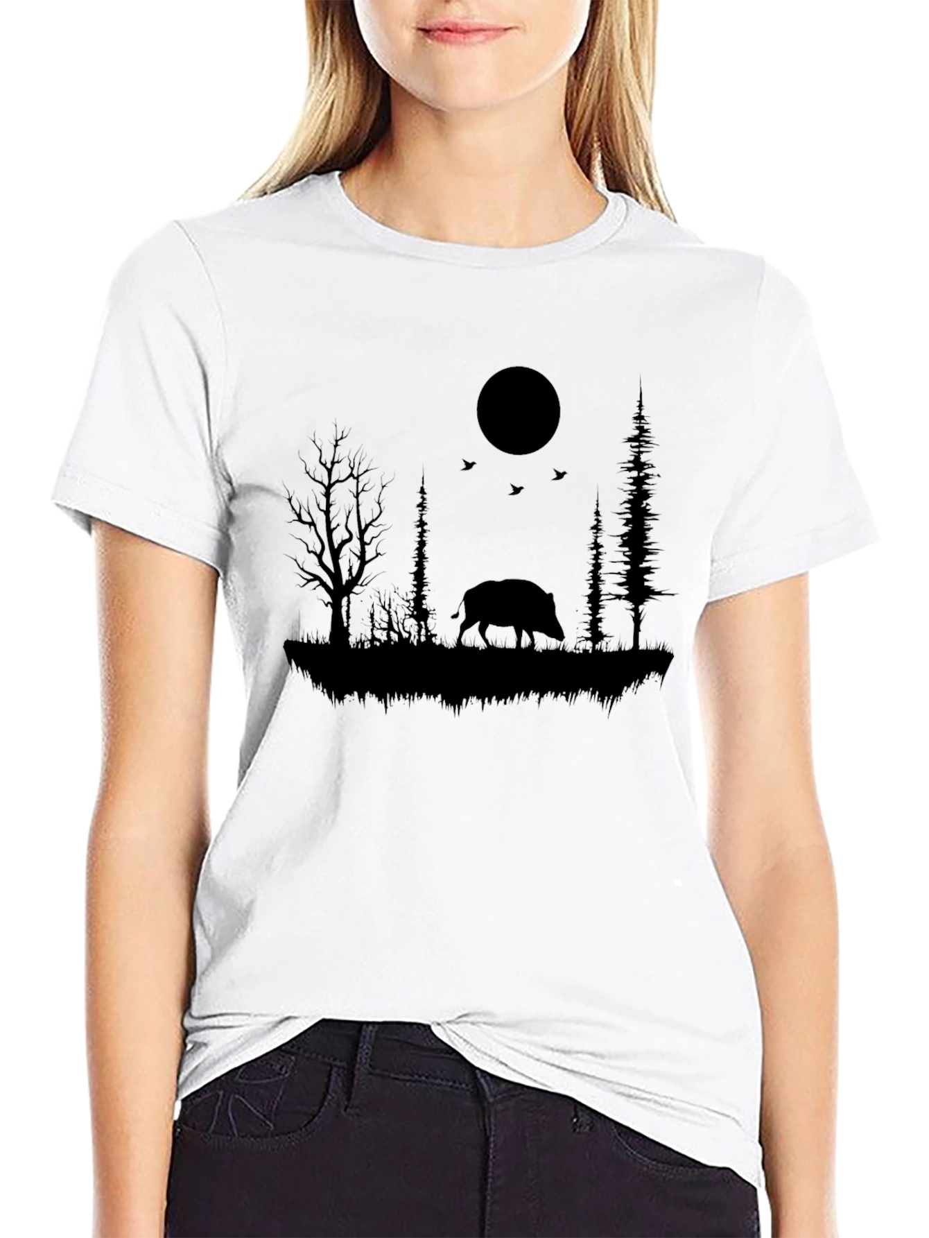 Wild Boar Silhouette Black T-Shirt - Nature Inspired Design