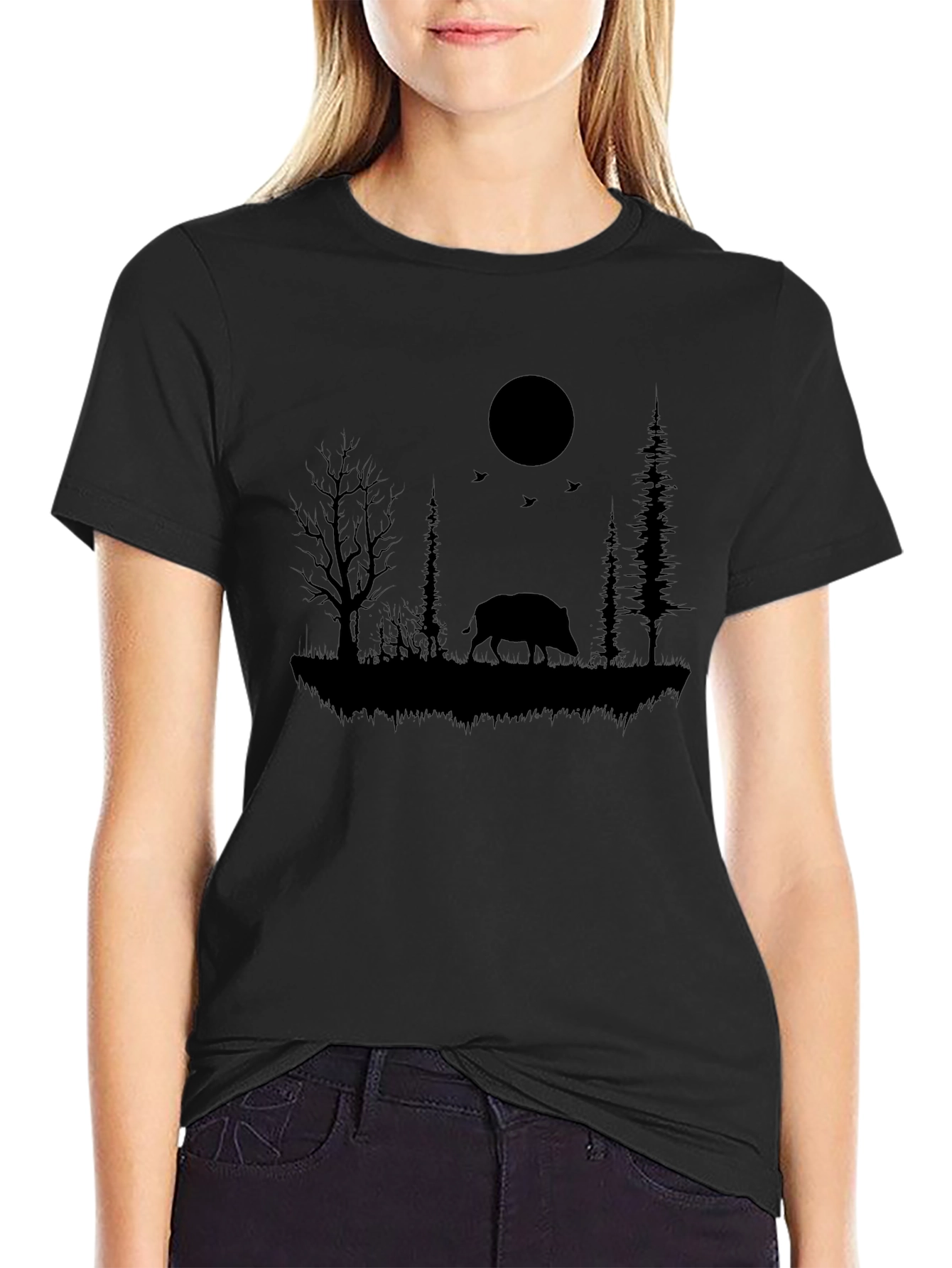 Wild Boar Silhouette Black T-Shirt - Nature Inspired Design