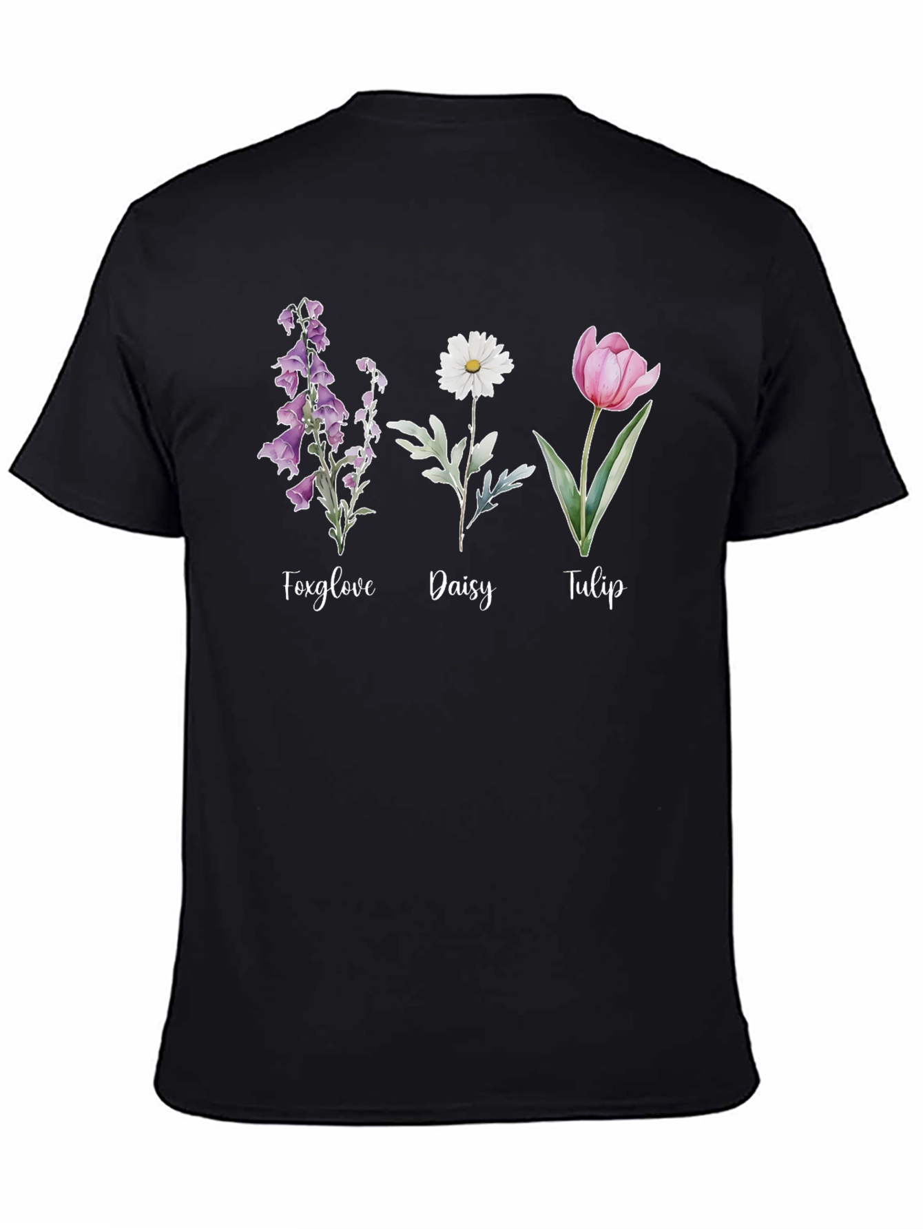 Floral Trio Black Tee: Foxglove Daisy Tulip Design
