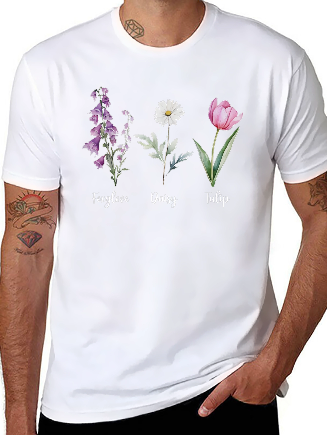 Floral Trio Black Tee: Foxglove Daisy Tulip Design