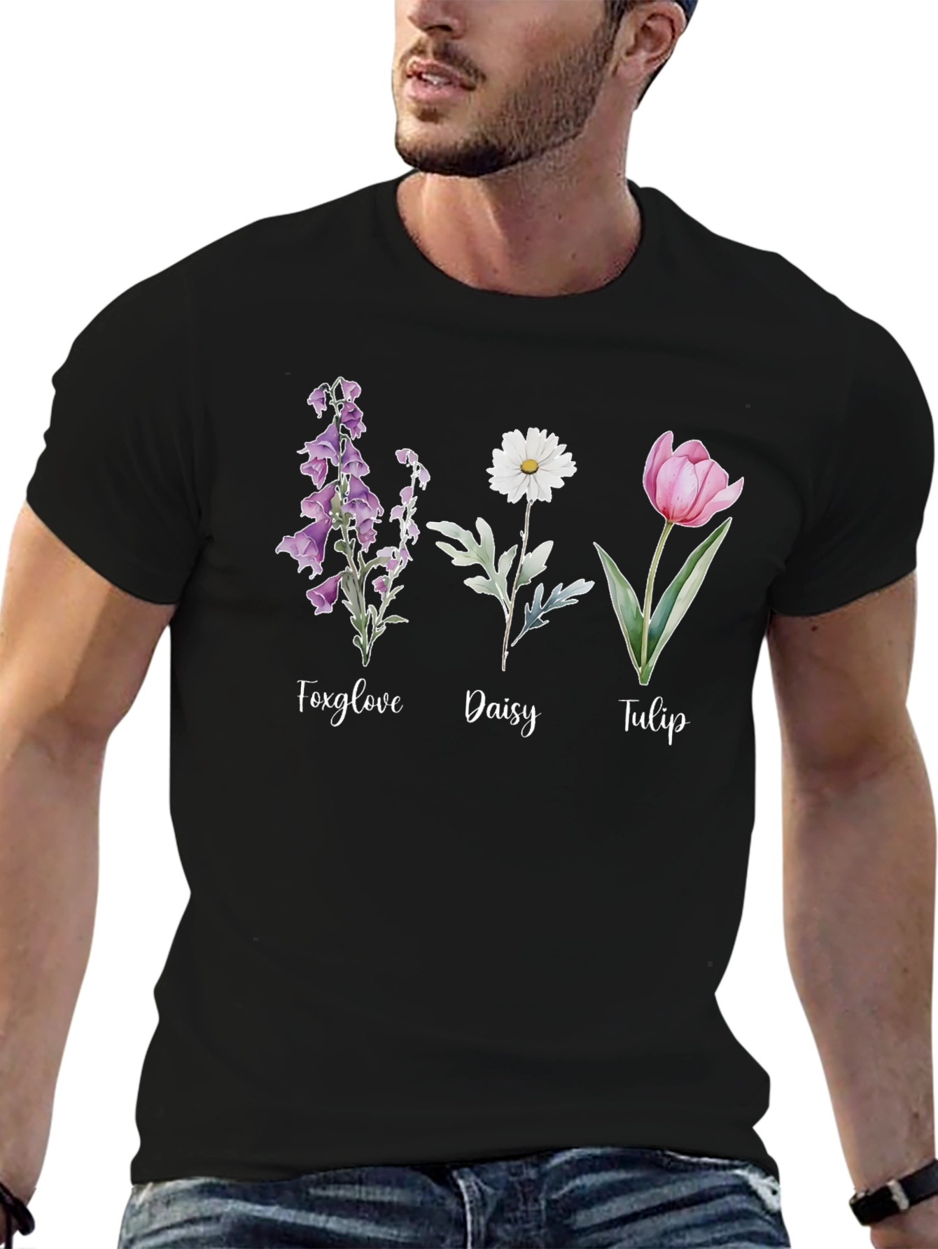 Floral Trio Black Tee: Foxglove Daisy Tulip Design