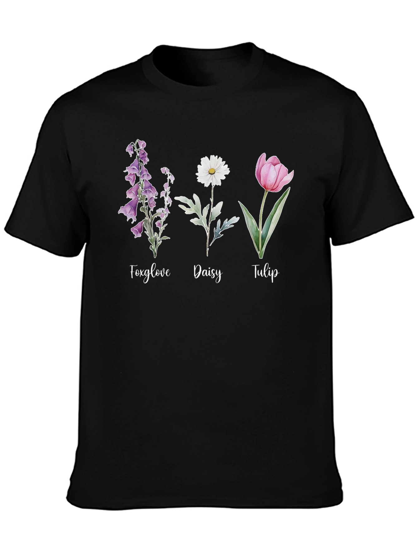 Floral Trio Black Tee: Foxglove Daisy Tulip Design