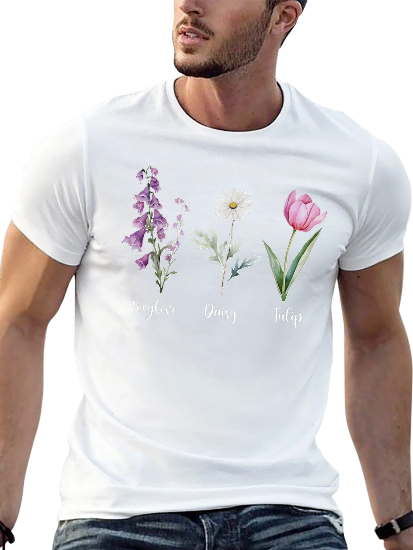 Floral Trio Black Tee: Foxglove Daisy Tulip Design