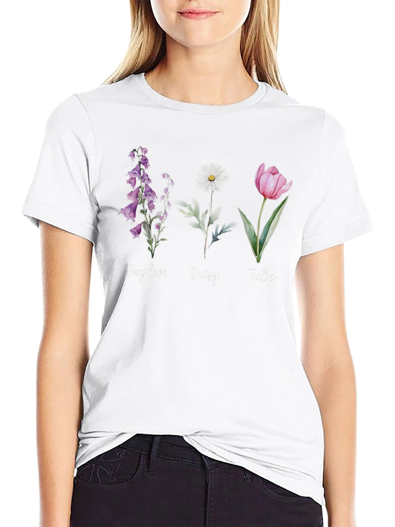 Floral Trio Black Tee: Foxglove Daisy Tulip Design