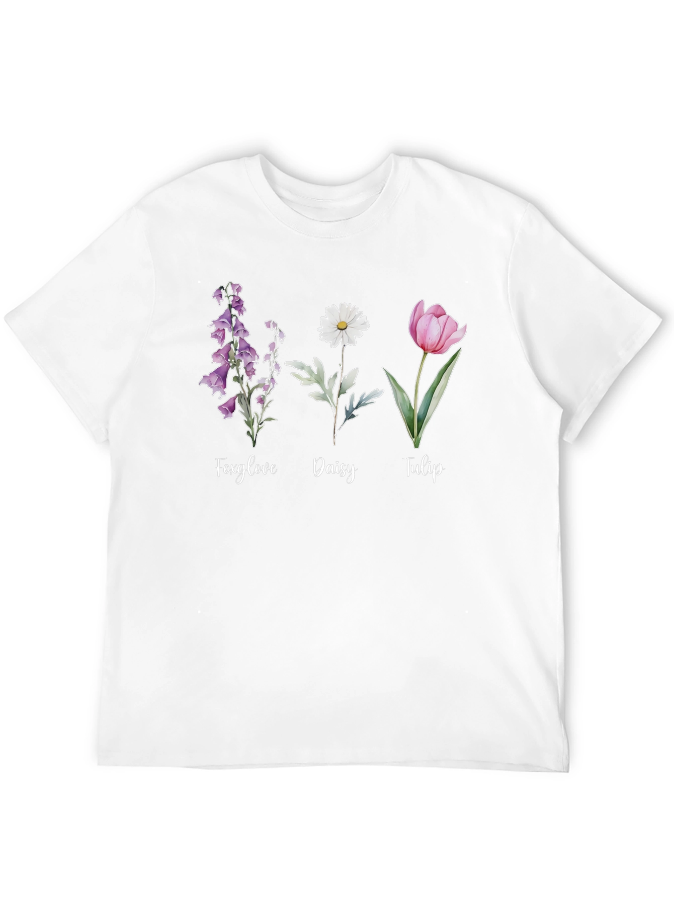 Floral Trio Black Tee: Foxglove Daisy Tulip Design