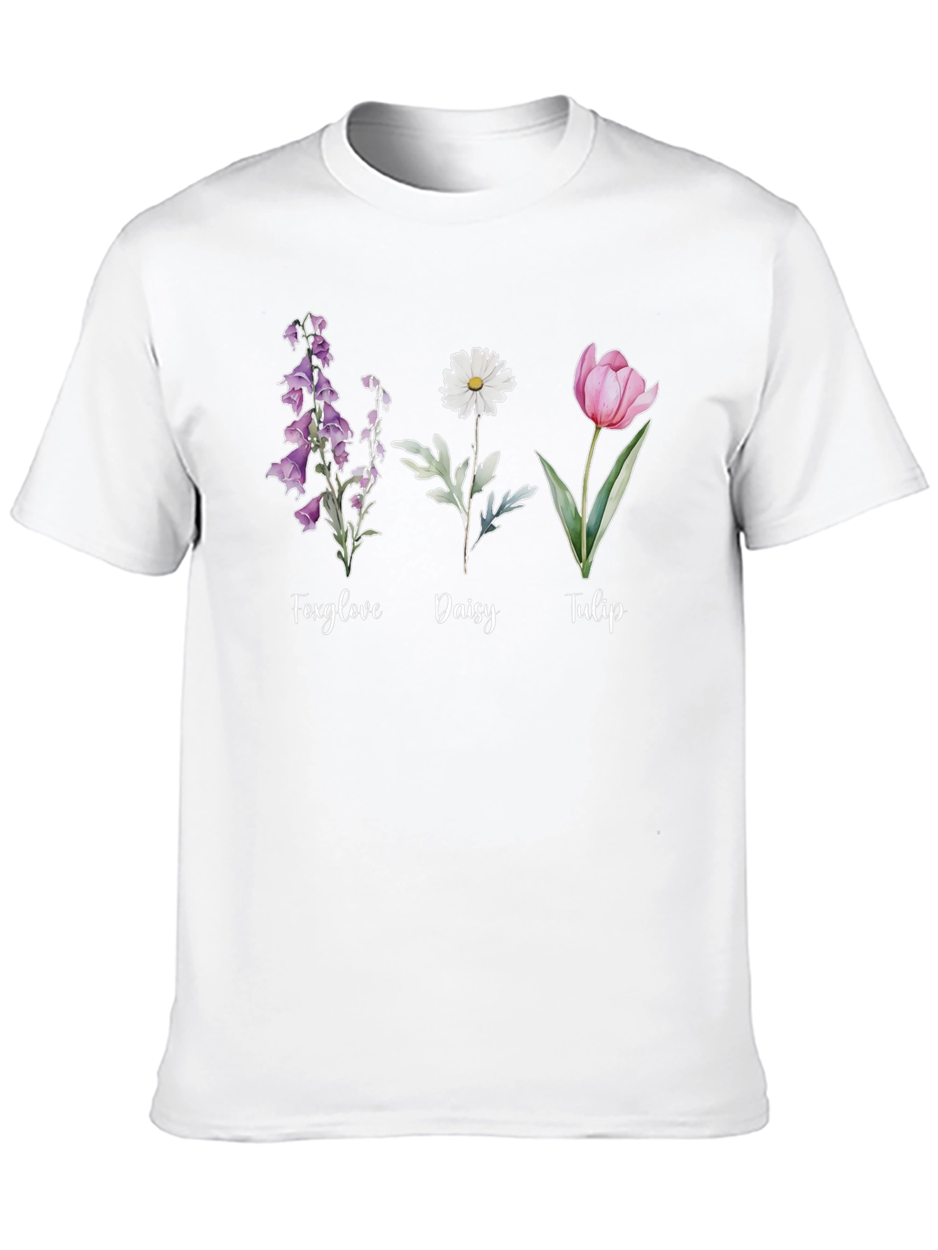 Floral Trio Black Tee: Foxglove Daisy Tulip Design