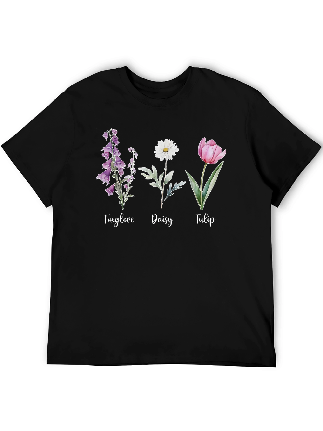 Floral Trio Black Tee: Foxglove Daisy Tulip Design
