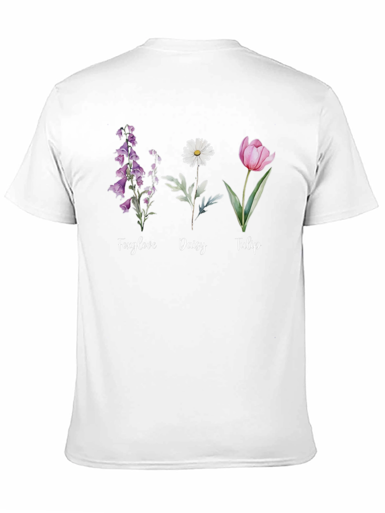 Floral Trio Black Tee: Foxglove Daisy Tulip Design