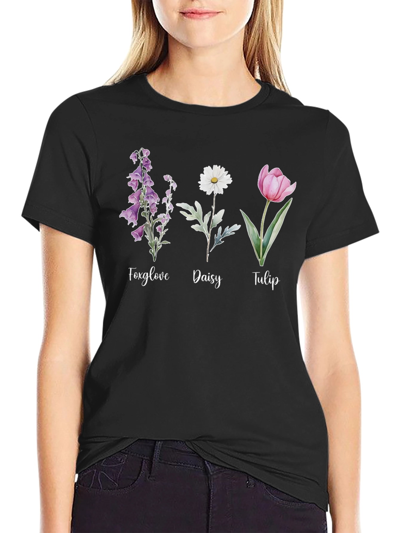 Floral Trio Black Tee: Foxglove Daisy Tulip Design