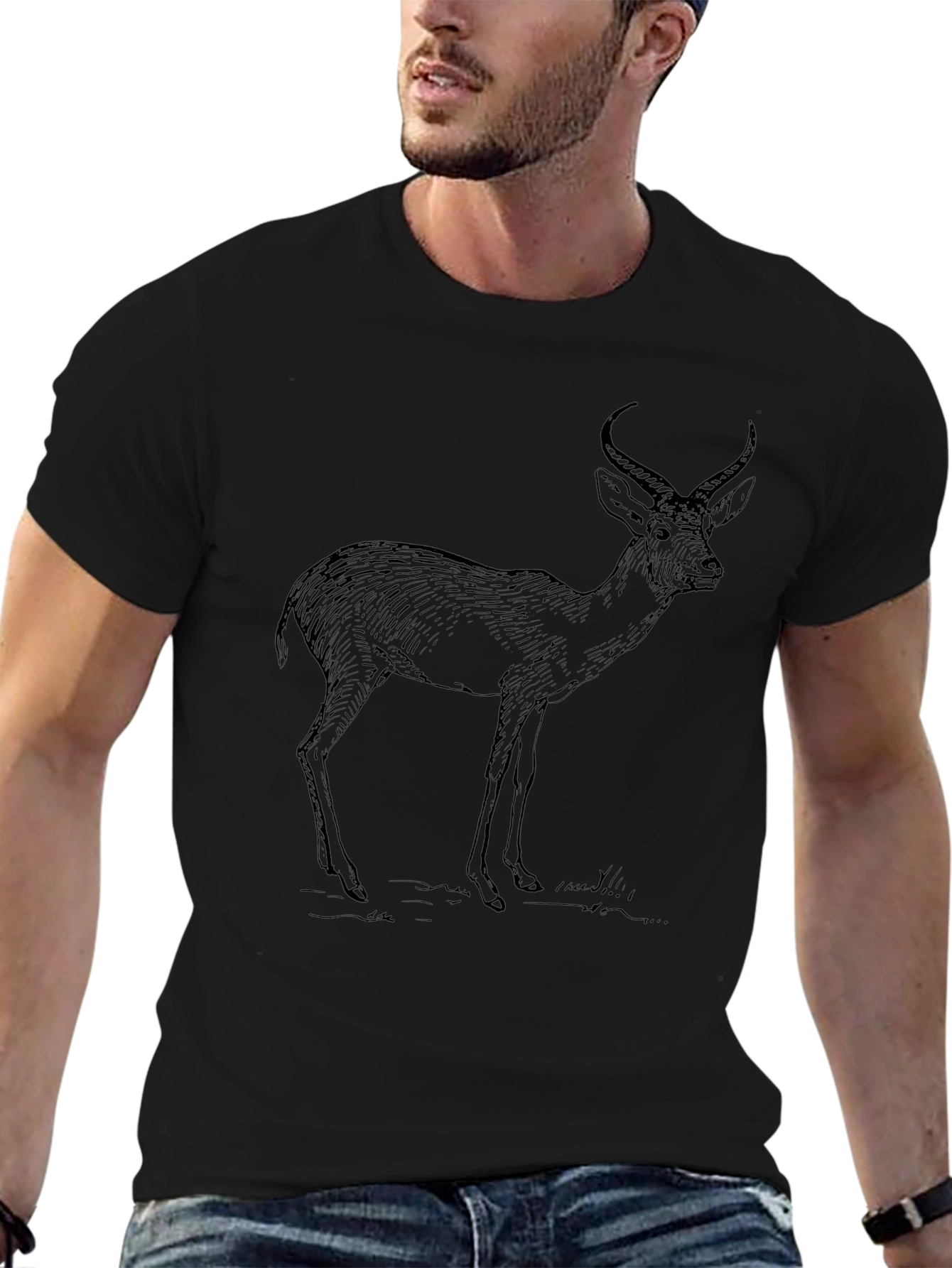 Deer Sketch Graphic Tee - Black Unisex T-Shirt