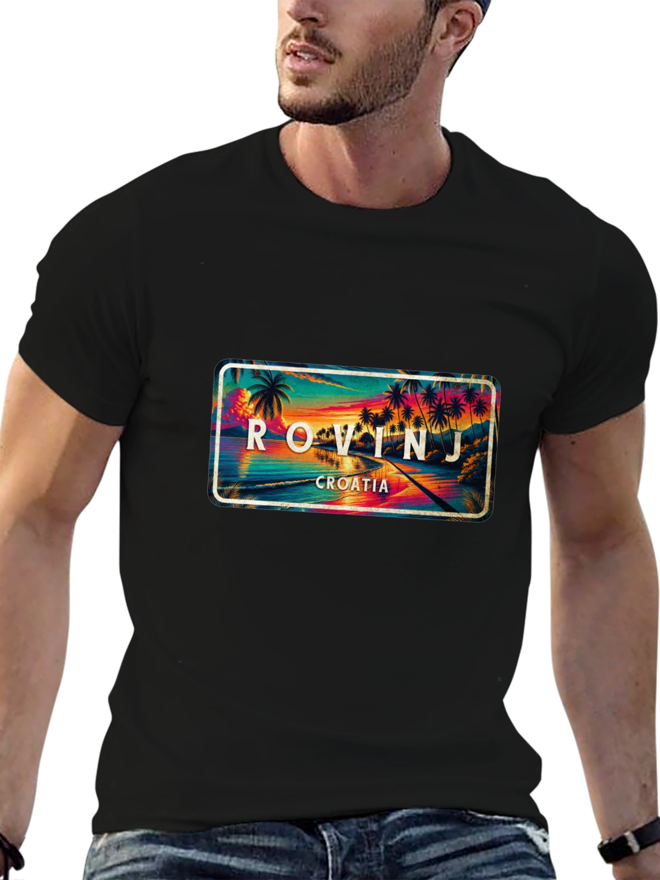 Rovinj Croatia Palm Tree Scene Black T-Shirt