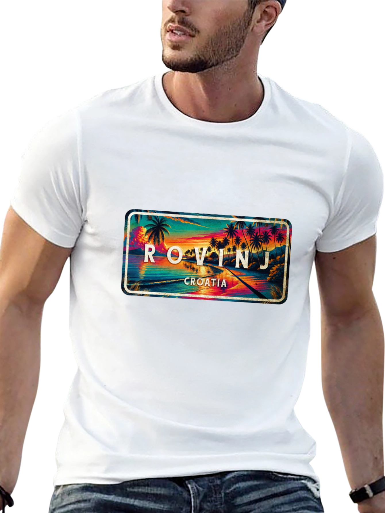 Rovinj Croatia Palm Tree Scene Black T-Shirt