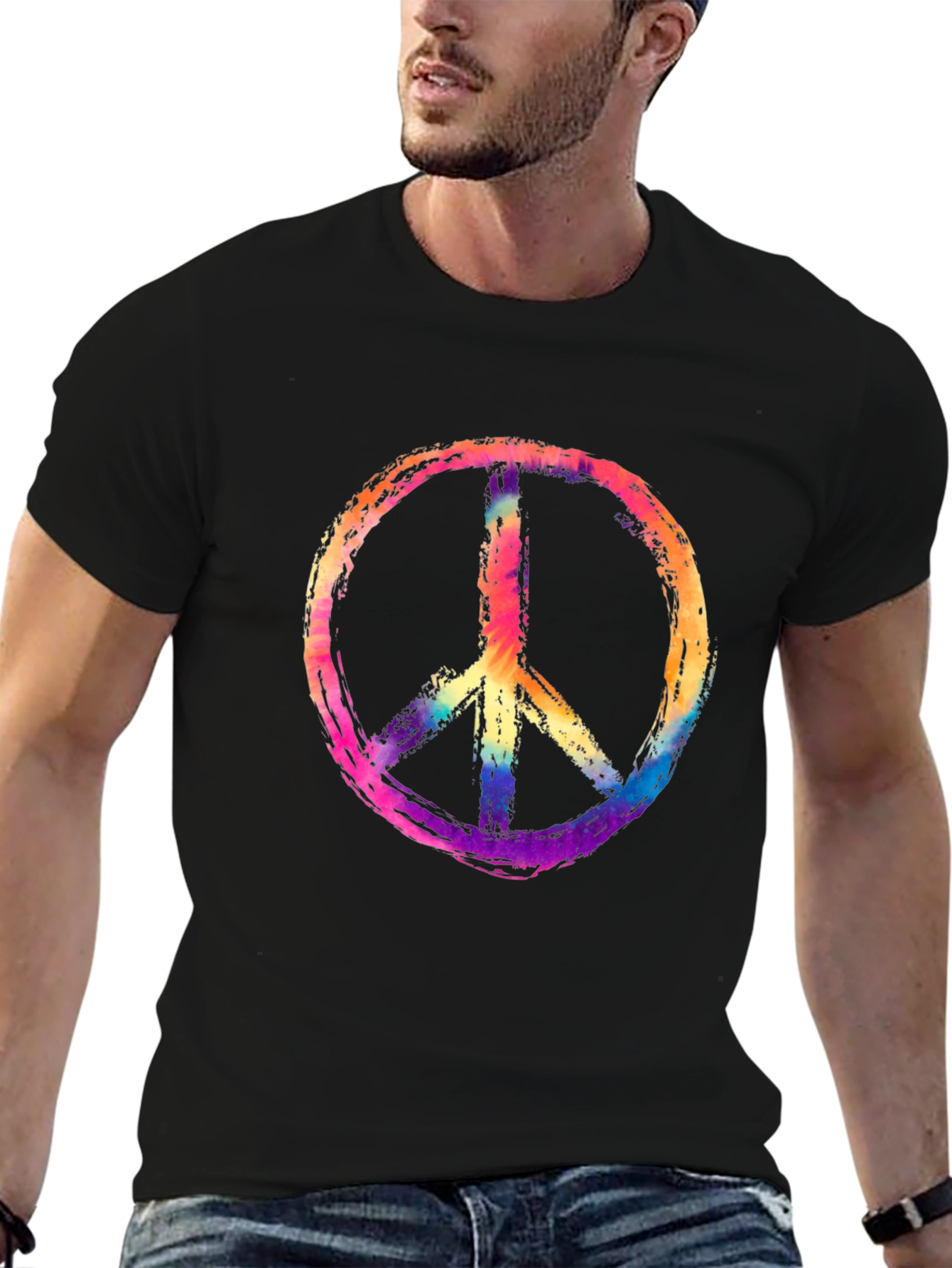 Peace Sign Graphic Tee - Rainbow Tie-Dye Design