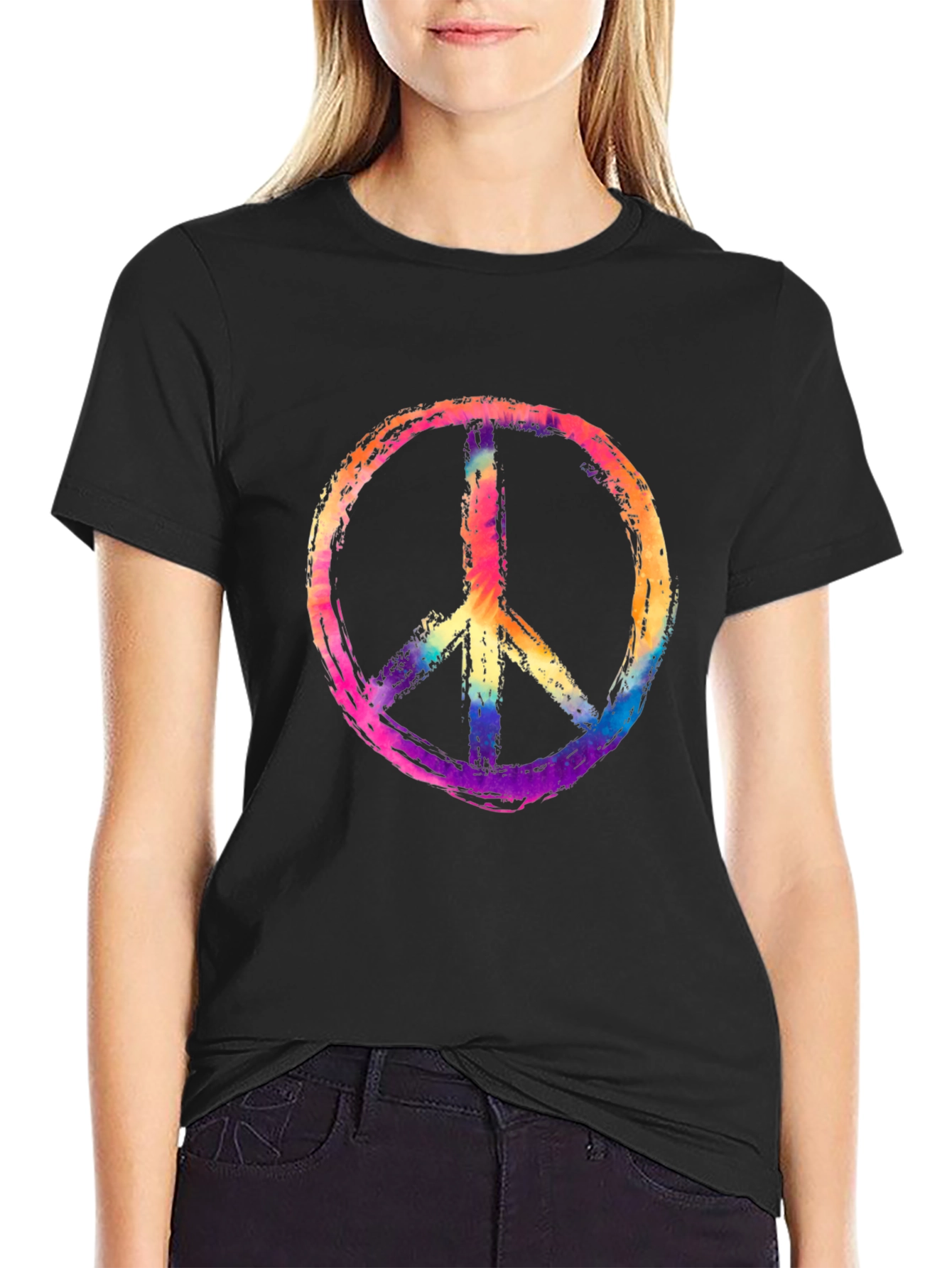 Peace Sign Graphic Tee - Rainbow Tie-Dye Design