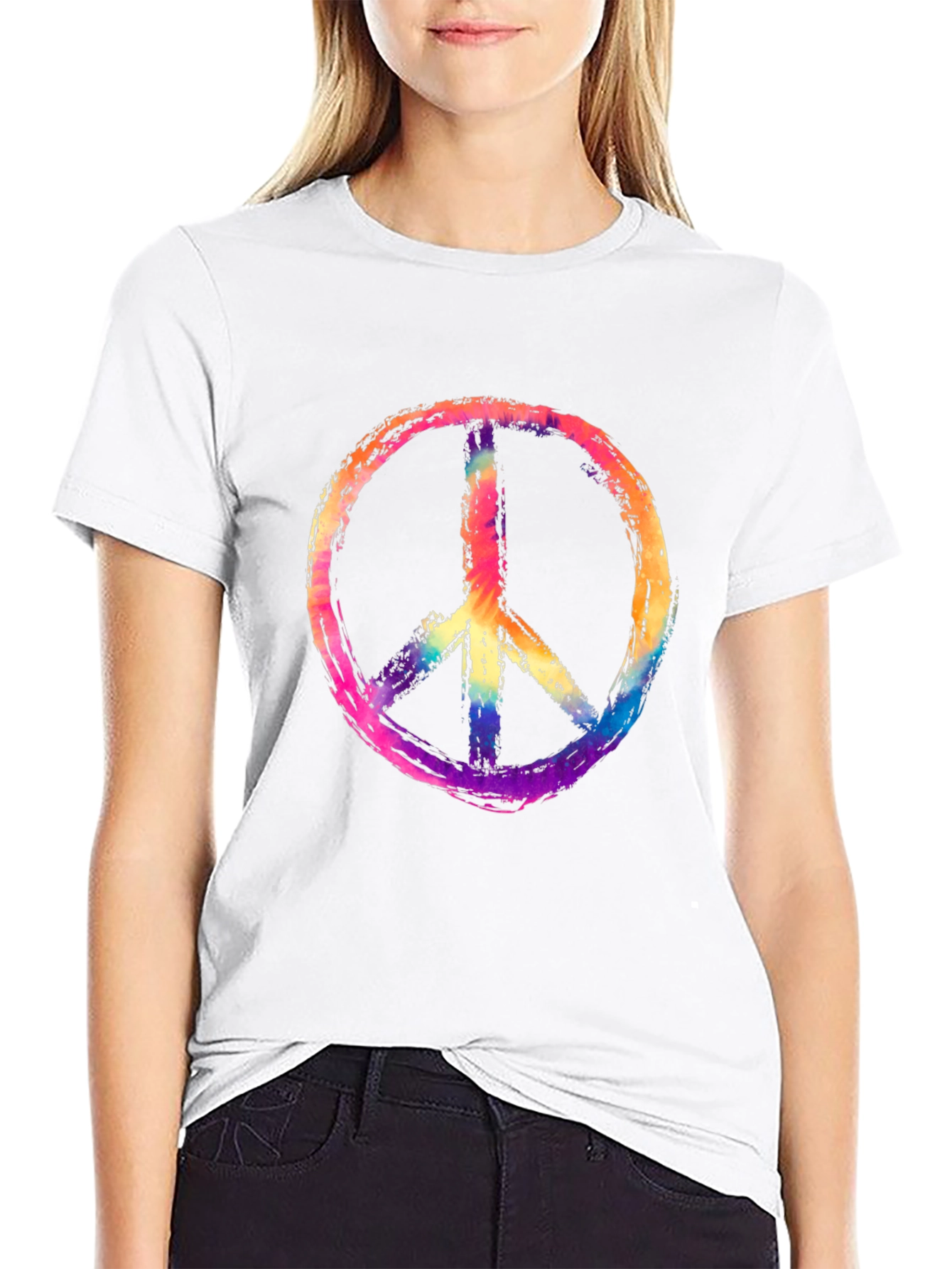 Peace Sign Graphic Tee - Rainbow Tie-Dye Design