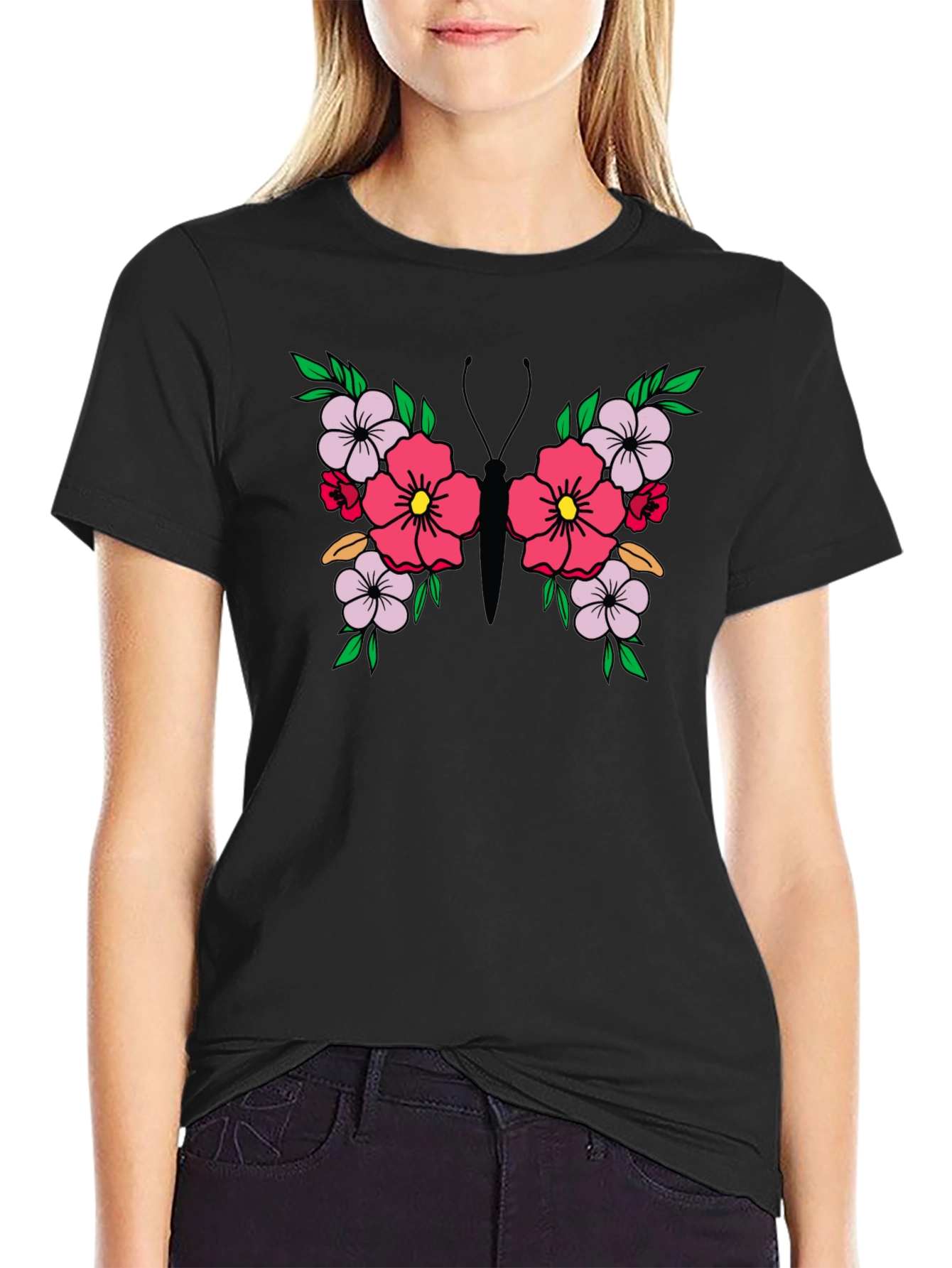 Floral Butterfly Graphic Tee - Black Unisex T-Shirt