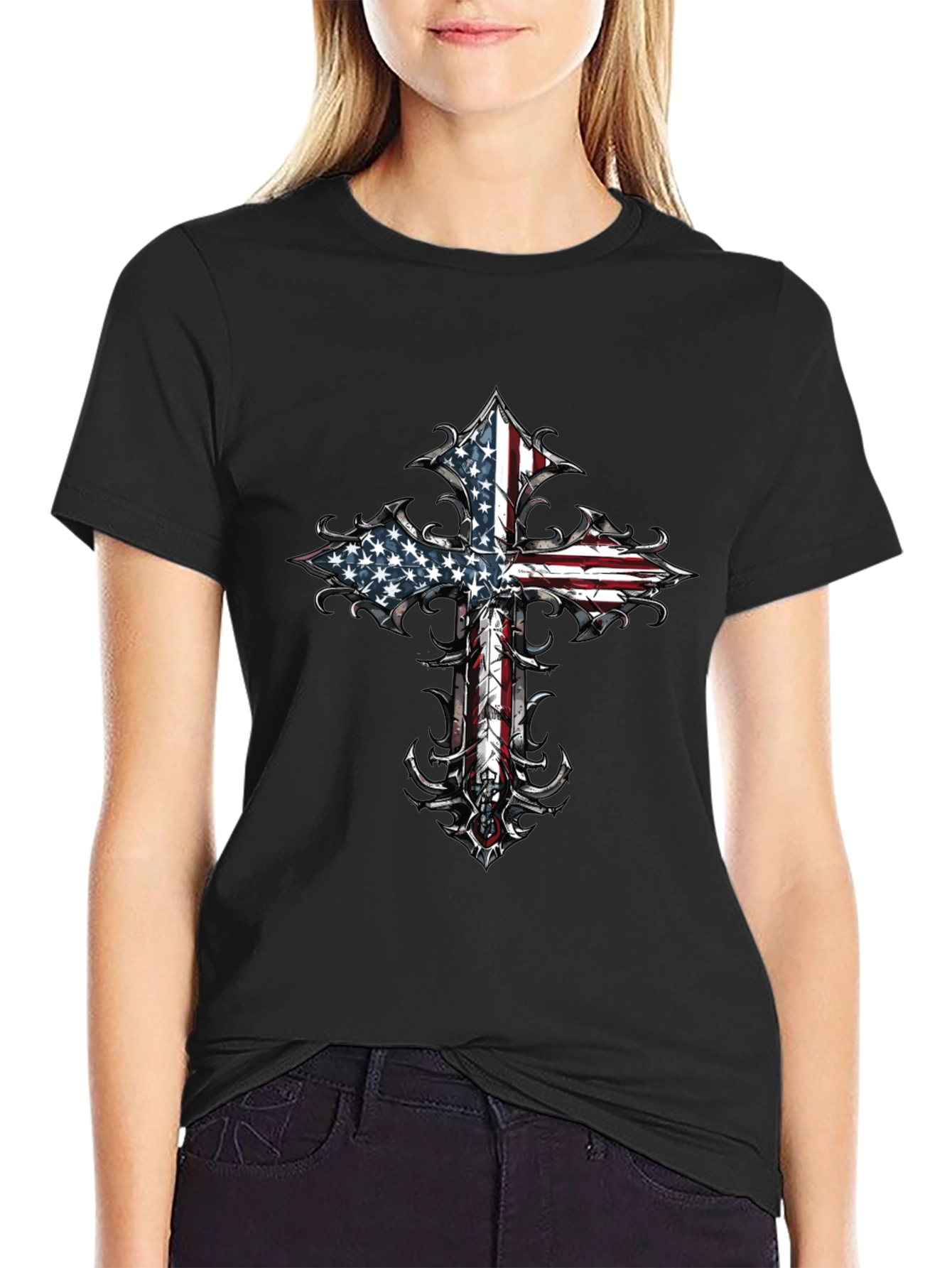 American Flag Cross Graphic Tee - Black