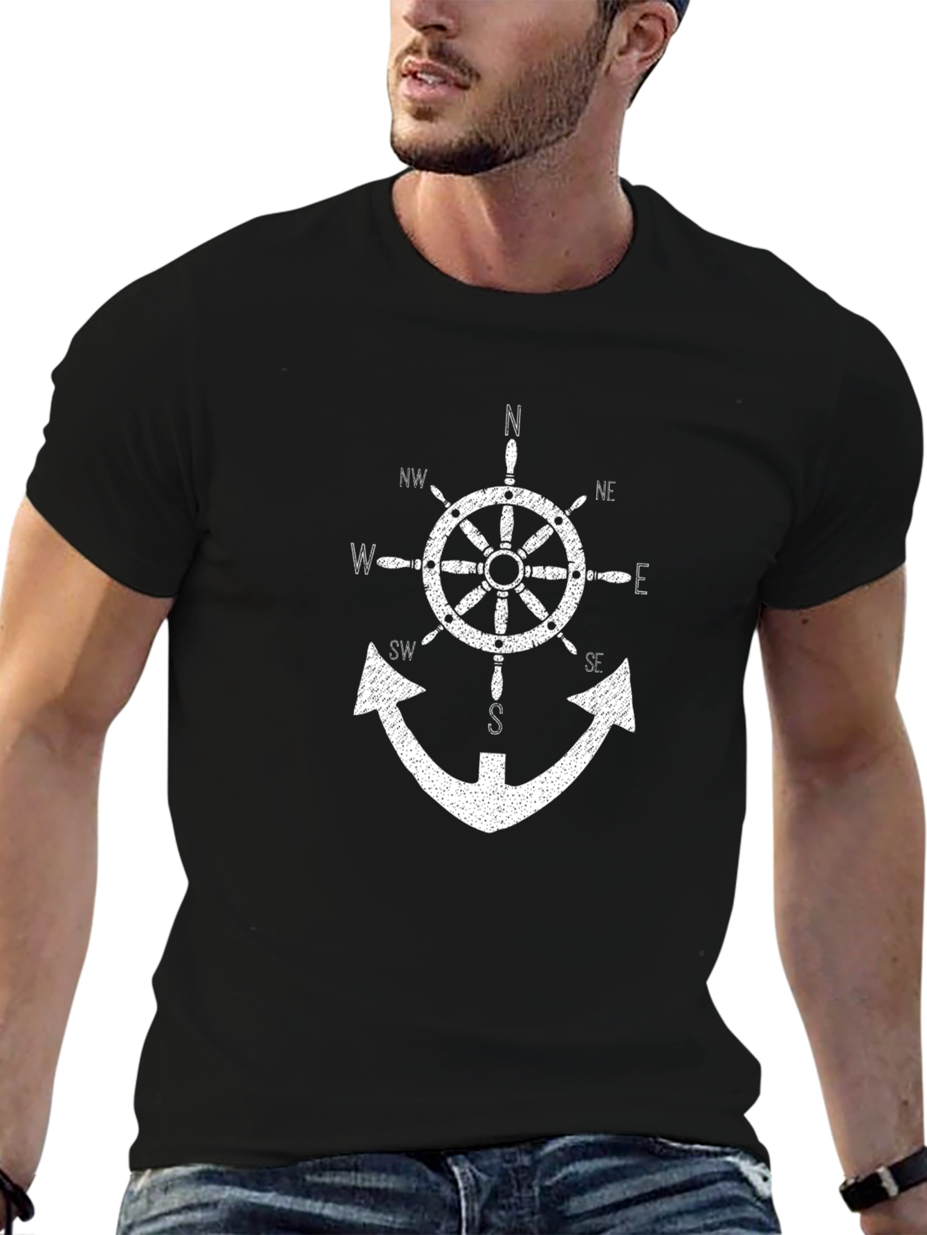 Nautical Compass Anchor Graphic T-Shirt - Black
