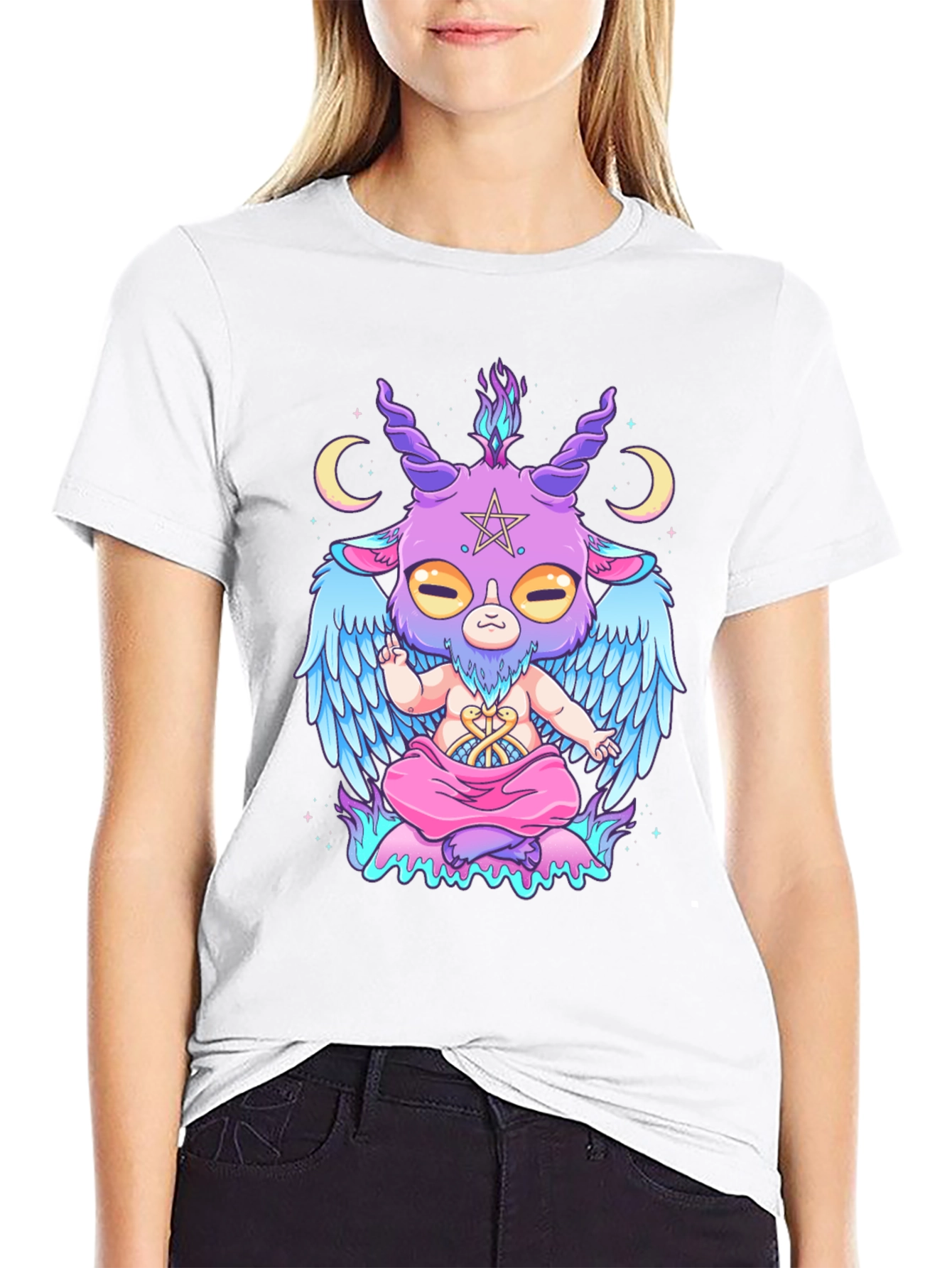 Baphomet Cartoon Graphic Tee - Black Cotton T-Shirt