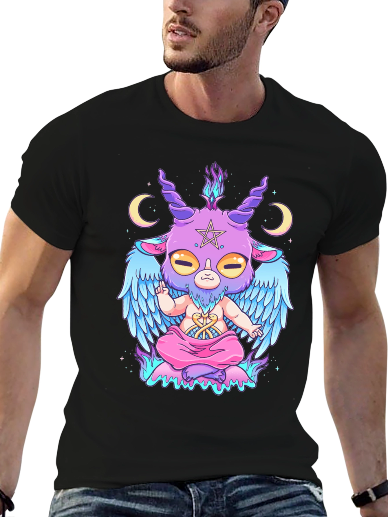 Baphomet Cartoon Graphic Tee - Black Cotton T-Shirt