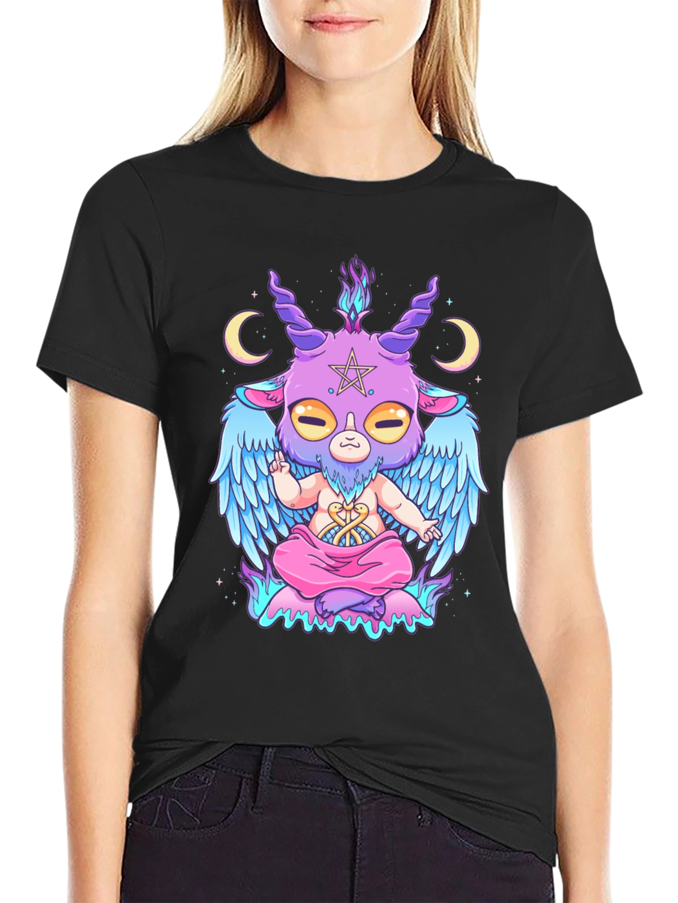 Baphomet Cartoon Graphic Tee - Black Cotton T-Shirt
