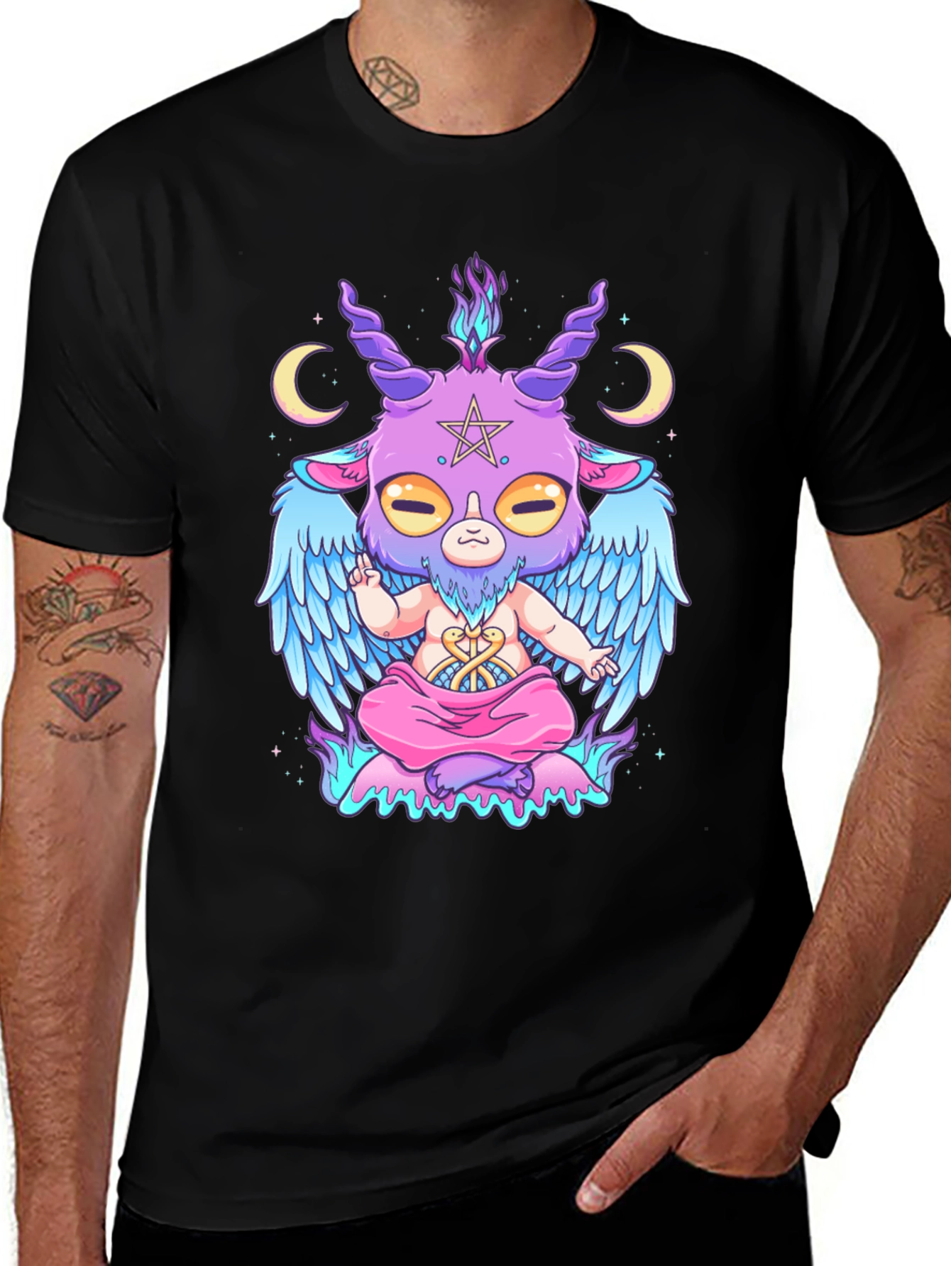 Baphomet Cartoon Graphic Tee - Black Cotton T-Shirt