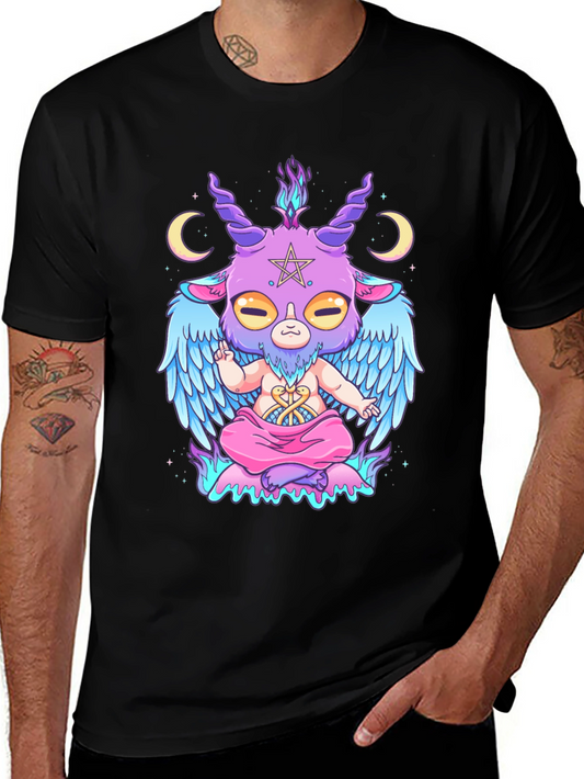 Baphomet Cartoon Graphic Tee - Black Cotton T-Shirt