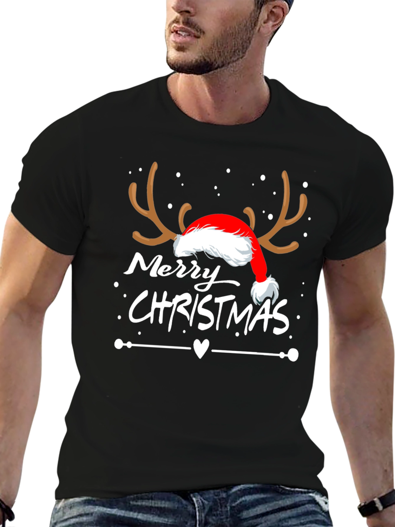 Merry Christmas Reindeer Santa Hat T-Shirt