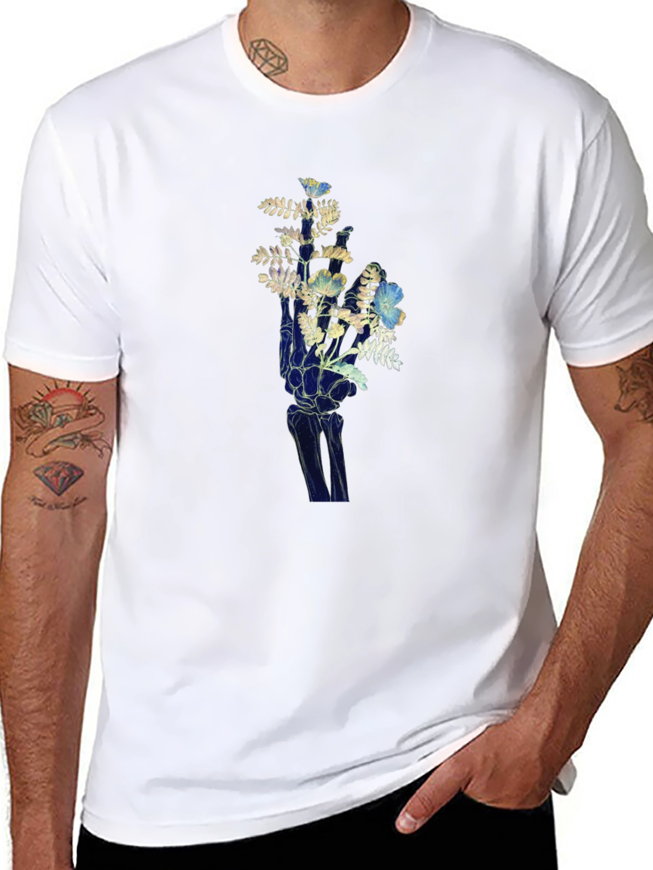 Floral Hand Graphic Tee - Unique Skeleton Print