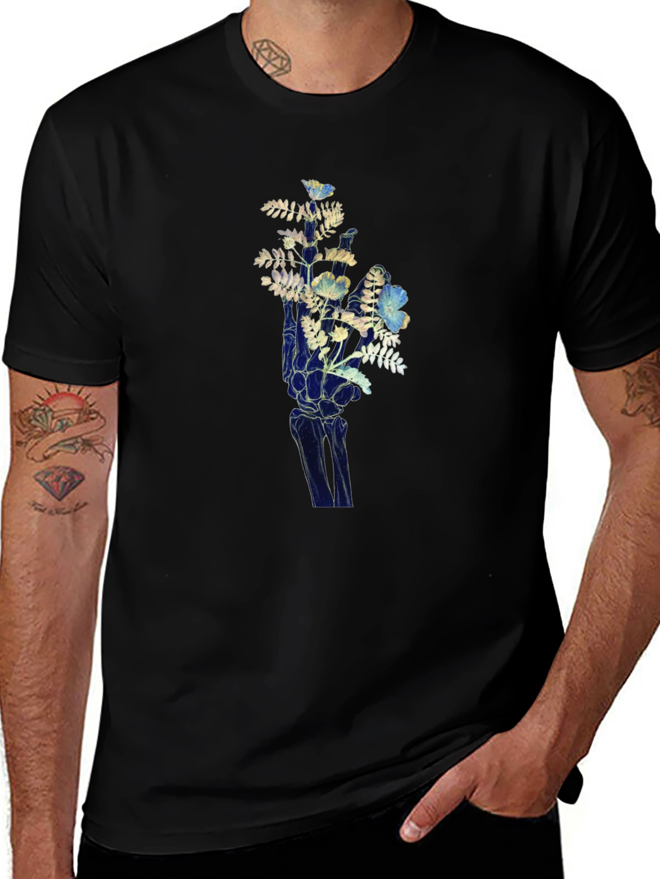 Floral Hand Graphic Tee - Unique Skeleton Print
