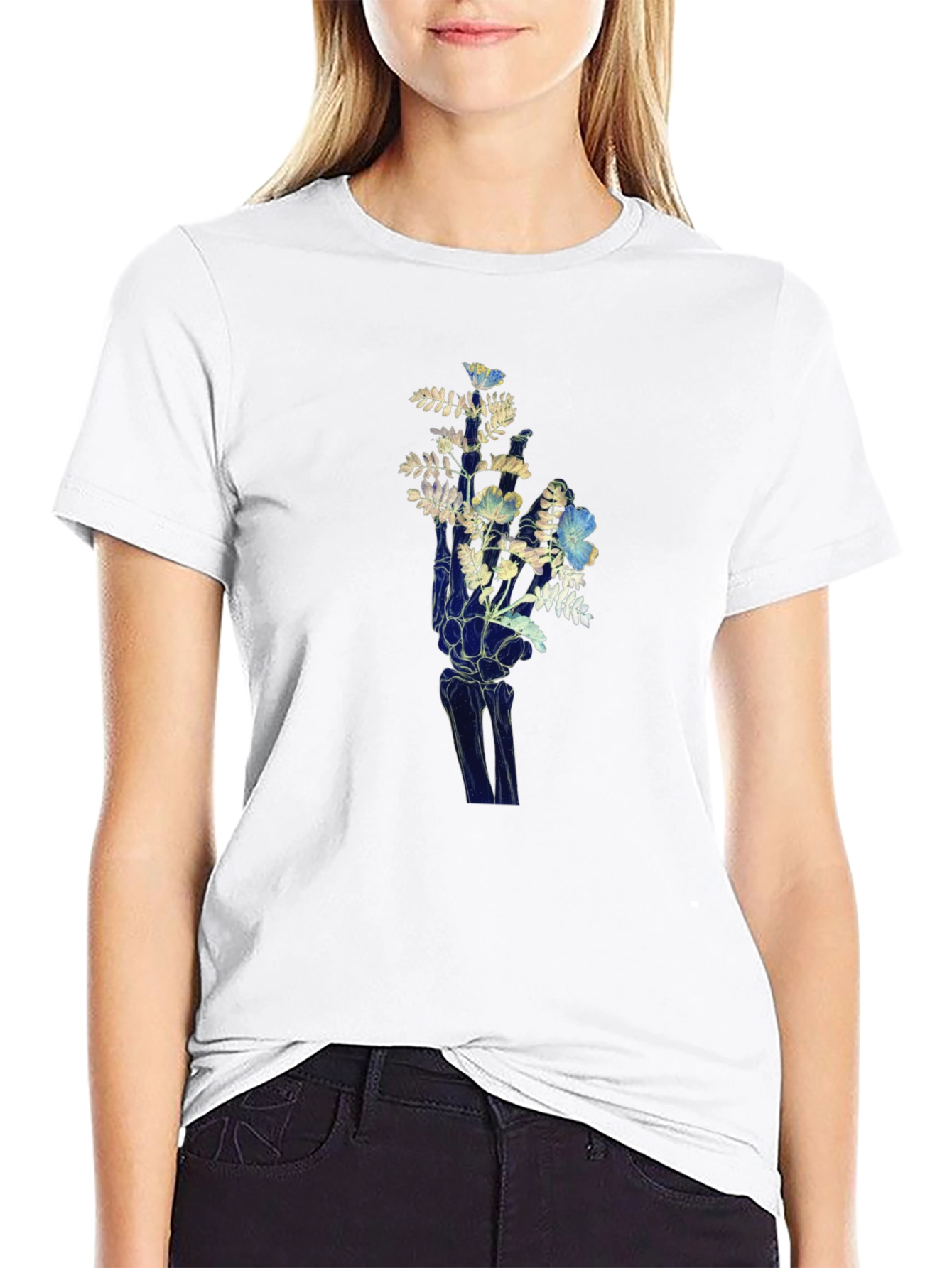 Floral Hand Graphic Tee - Unique Skeleton Print