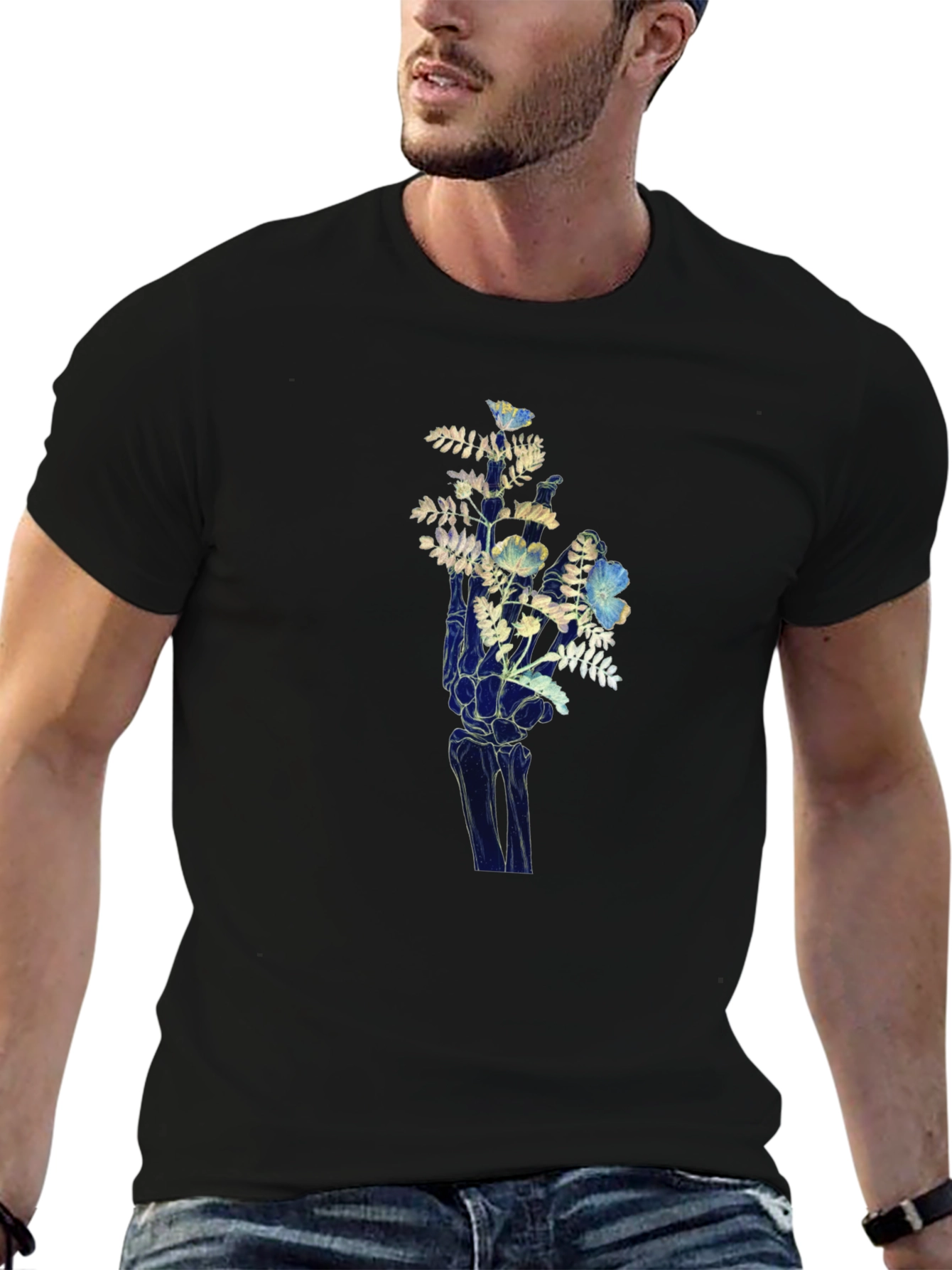 Floral Hand Graphic Tee - Unique Skeleton Print