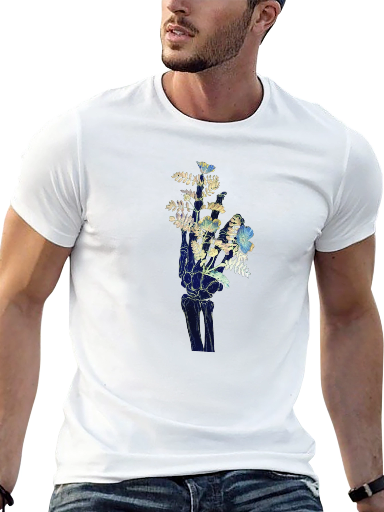 Floral Hand Graphic Tee - Unique Skeleton Print