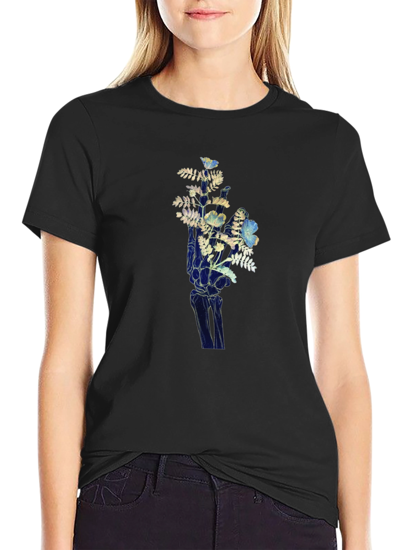 Floral Hand Graphic Tee - Unique Skeleton Print