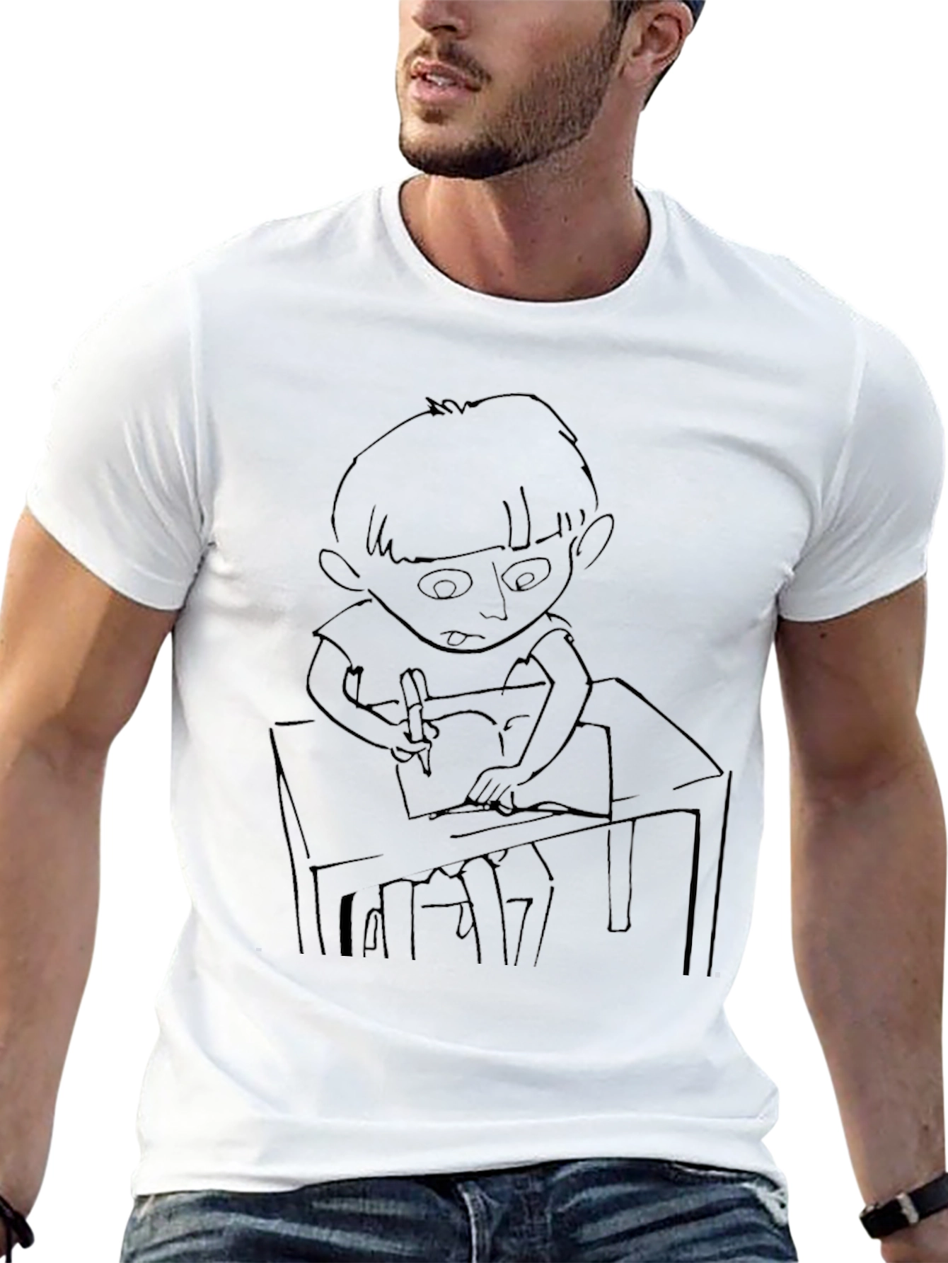 Boy at Desk Graphic Black T-Shirt