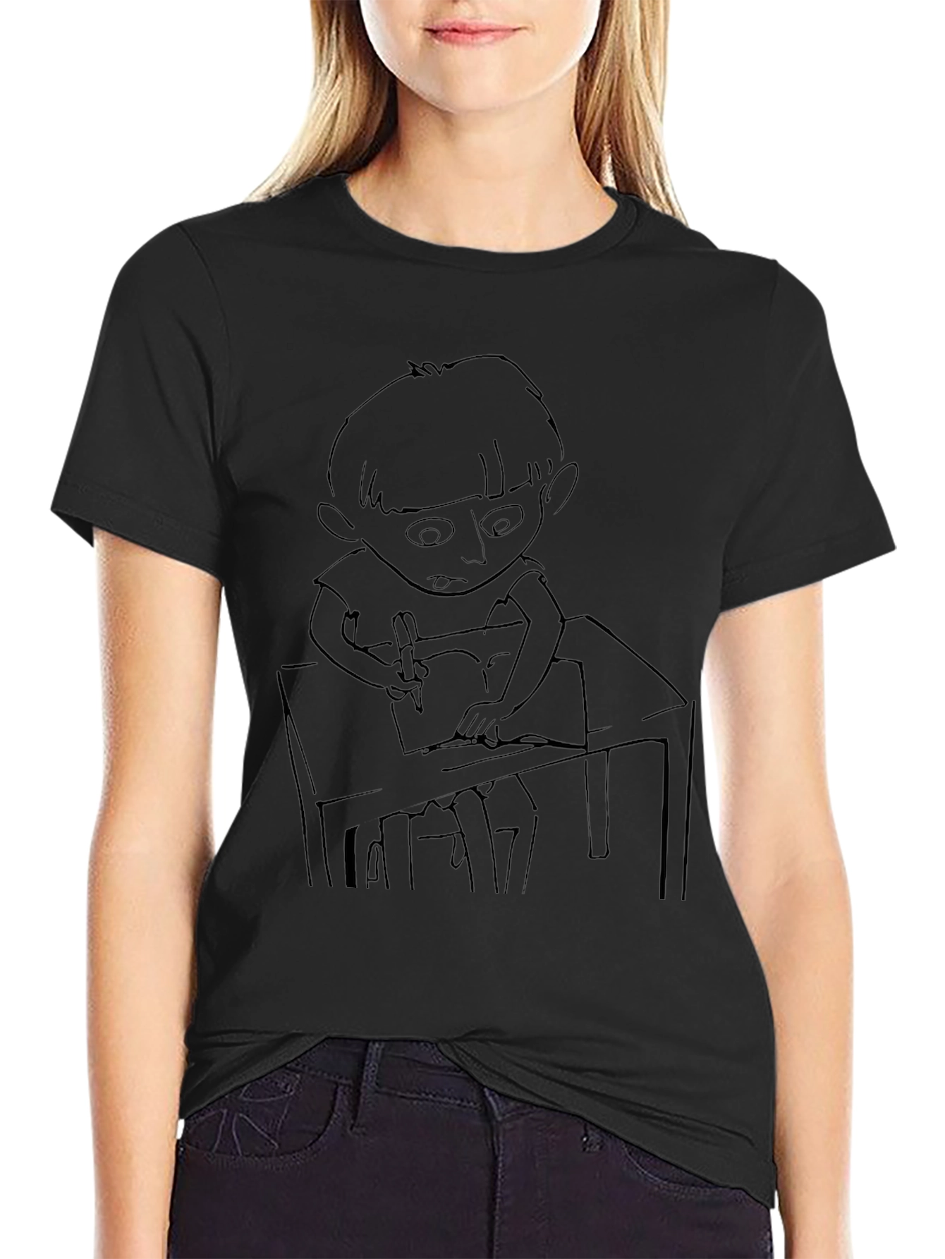 Boy at Desk Graphic Black T-Shirt