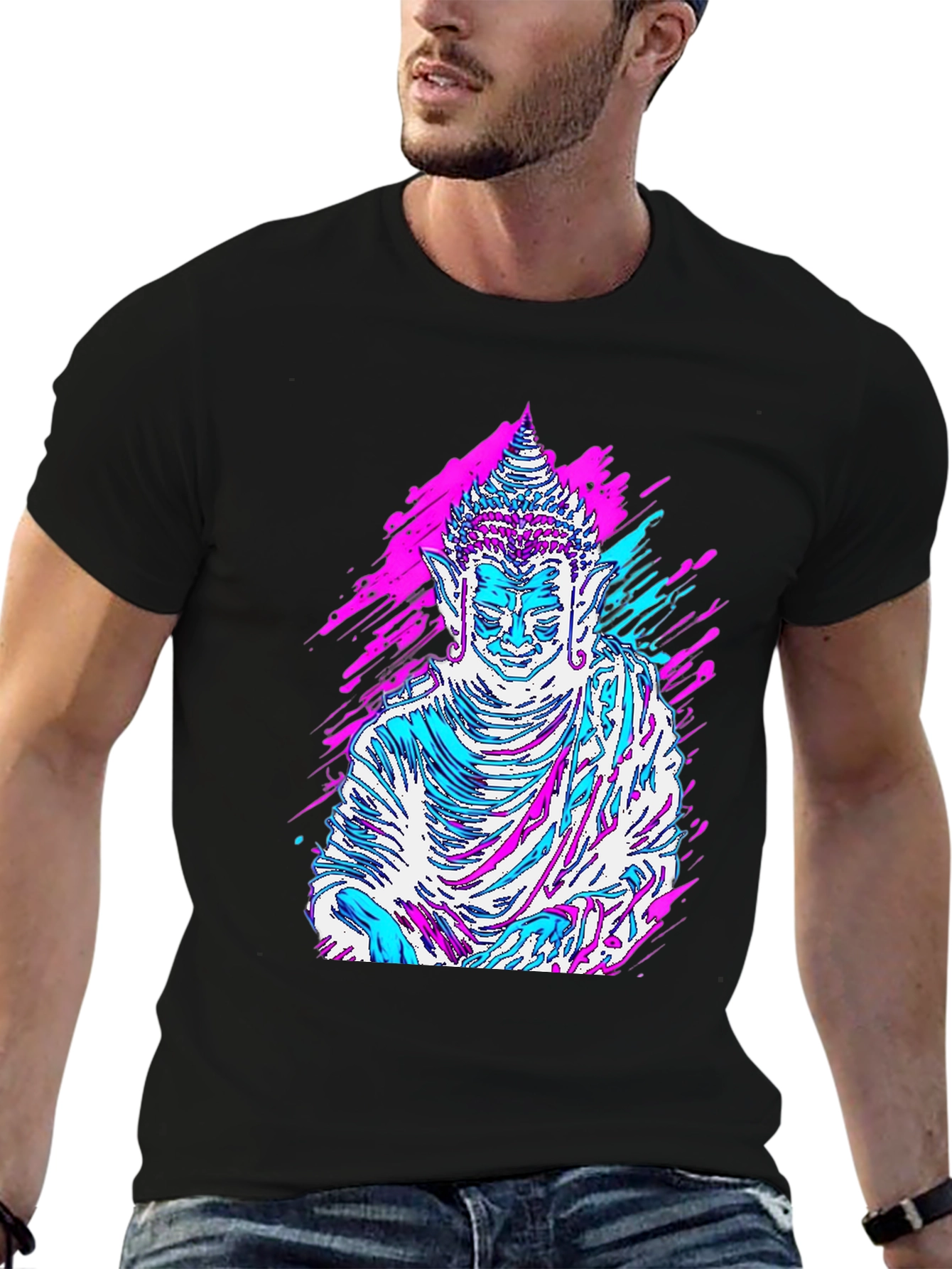 Vaporwave Buddha Graphic Tee - Black Cotton T-Shirt