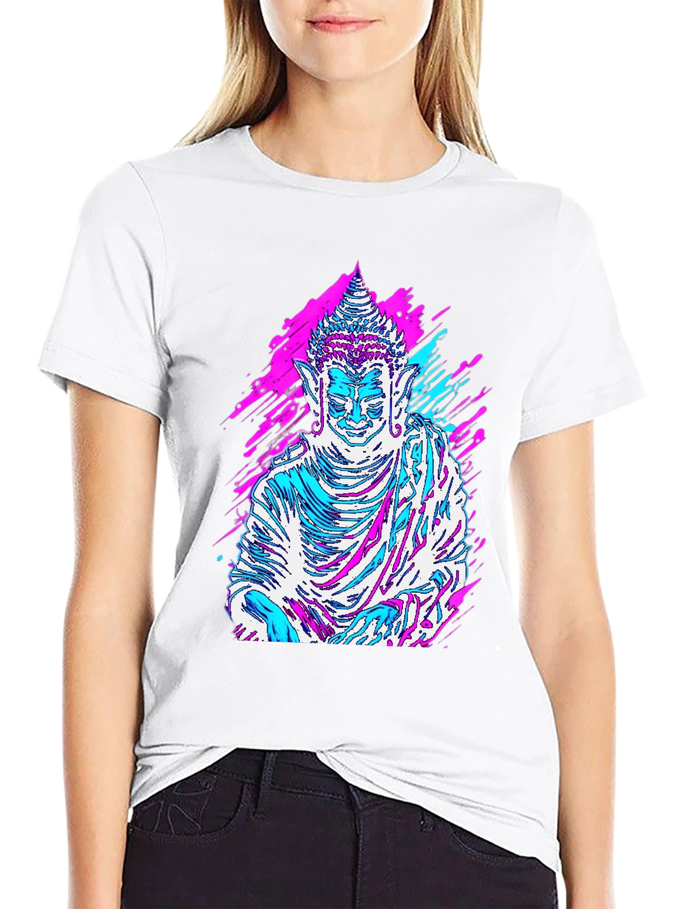 Vaporwave Buddha Graphic Tee - Black Cotton T-Shirt