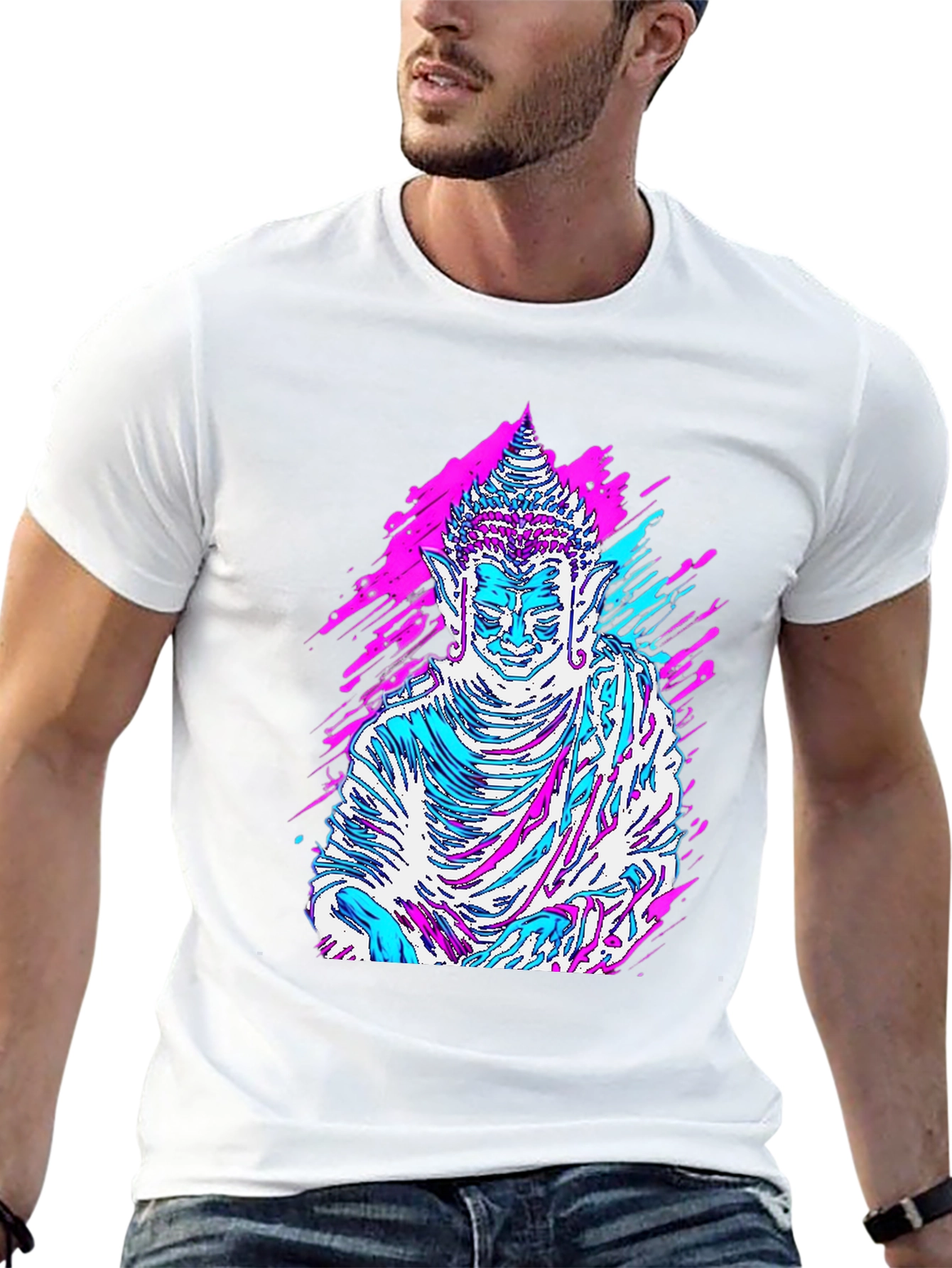 Vaporwave Buddha Graphic Tee - Black Cotton T-Shirt