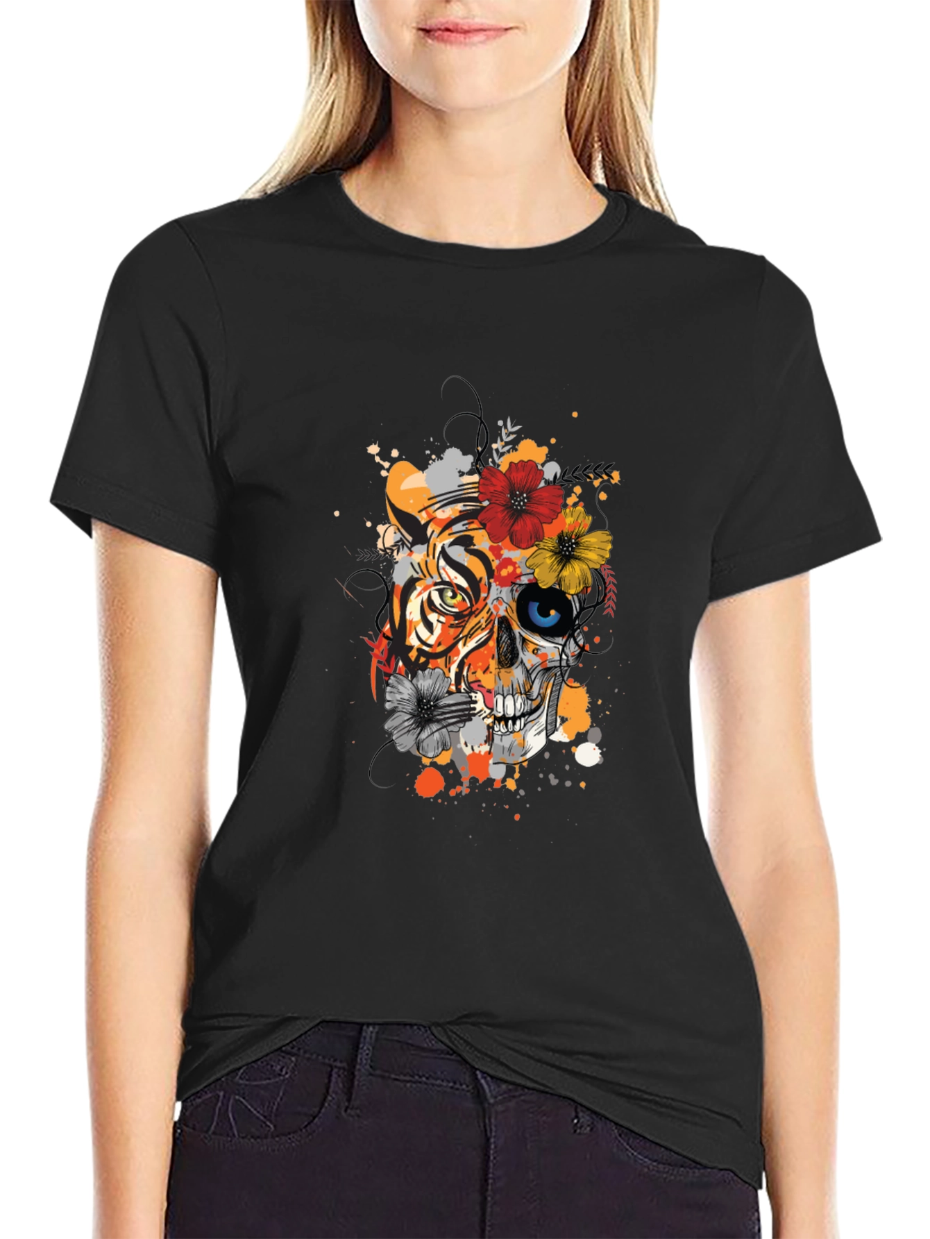 Tiger Skull Floral Graphic Print Tee