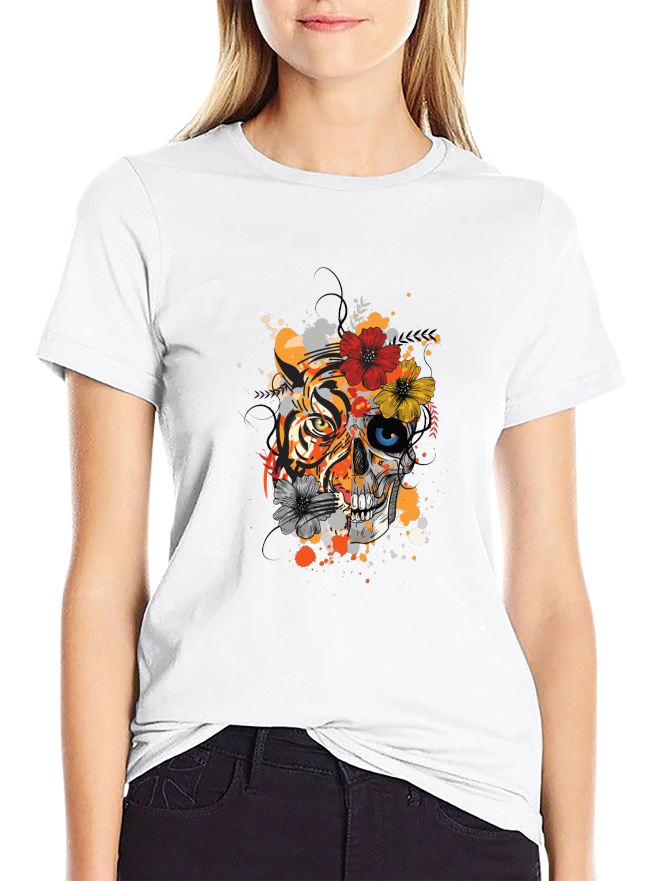 Tiger Skull Floral Graphic Print Tee